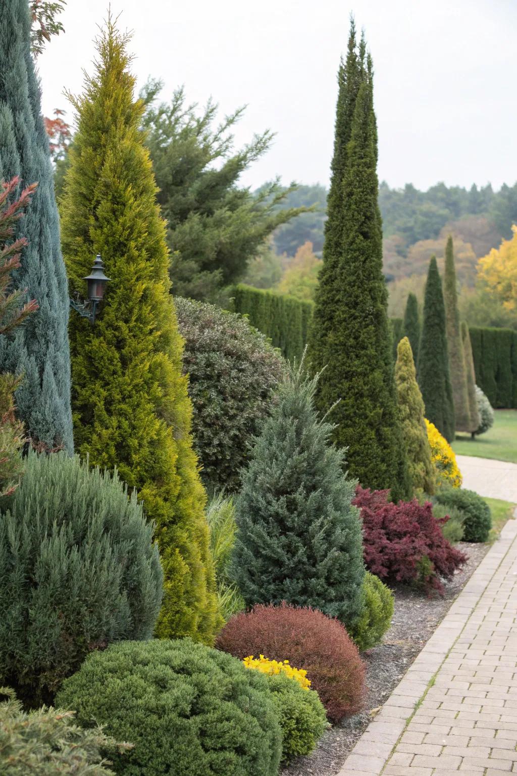 Juniper shrubs offer year-round privacy with their diverse forms.