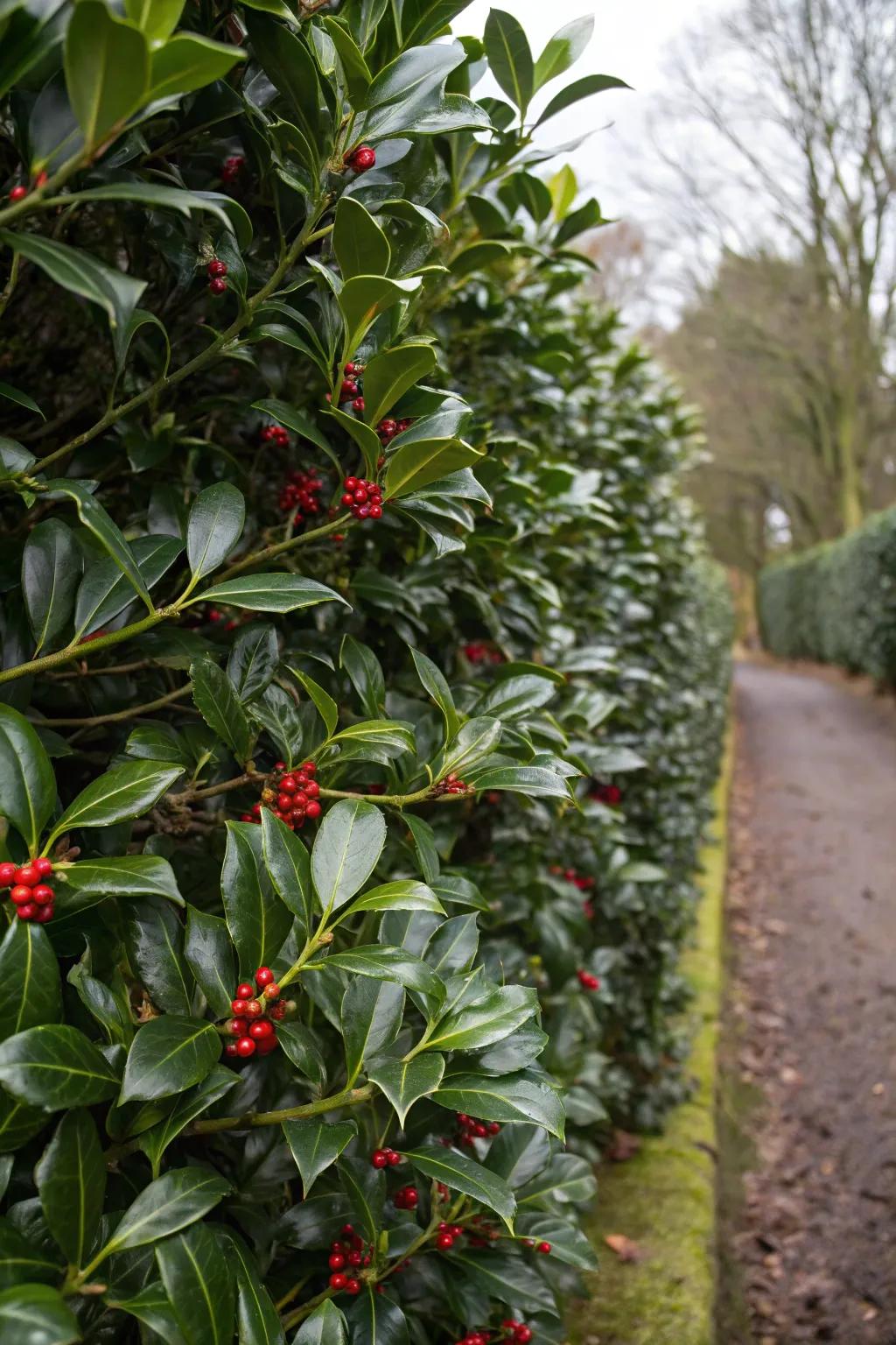 Holly provides a classic look with its evergreen foliage and bright berries.