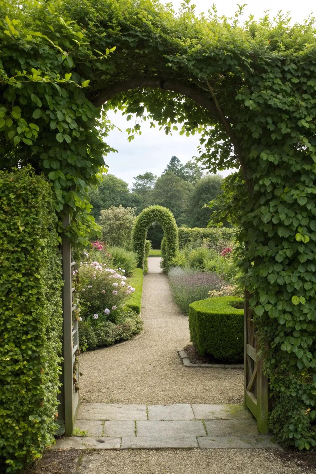 Tall shrubs frame the entrance for a welcoming privacy screen.