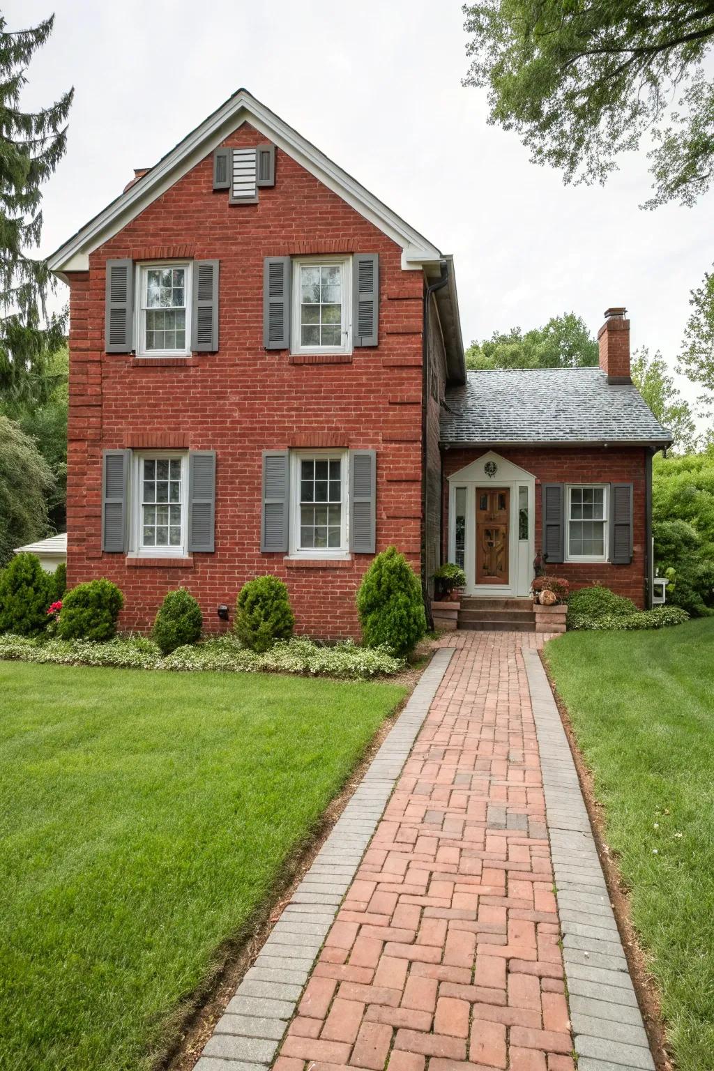 Gray shutters provide a versatile and balanced look with red brick.
