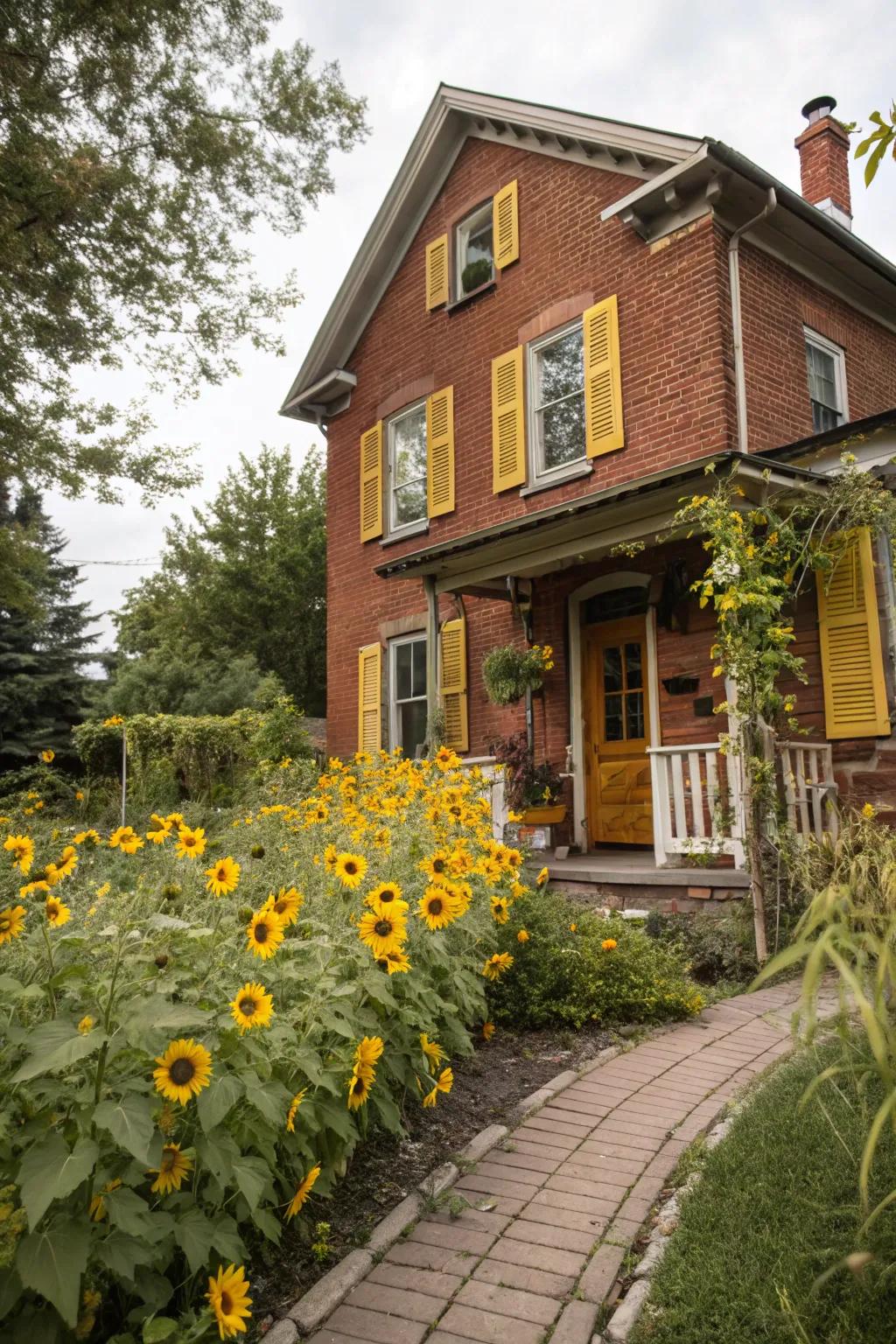 Yellow shutters add a bright, playful touch to red brick.