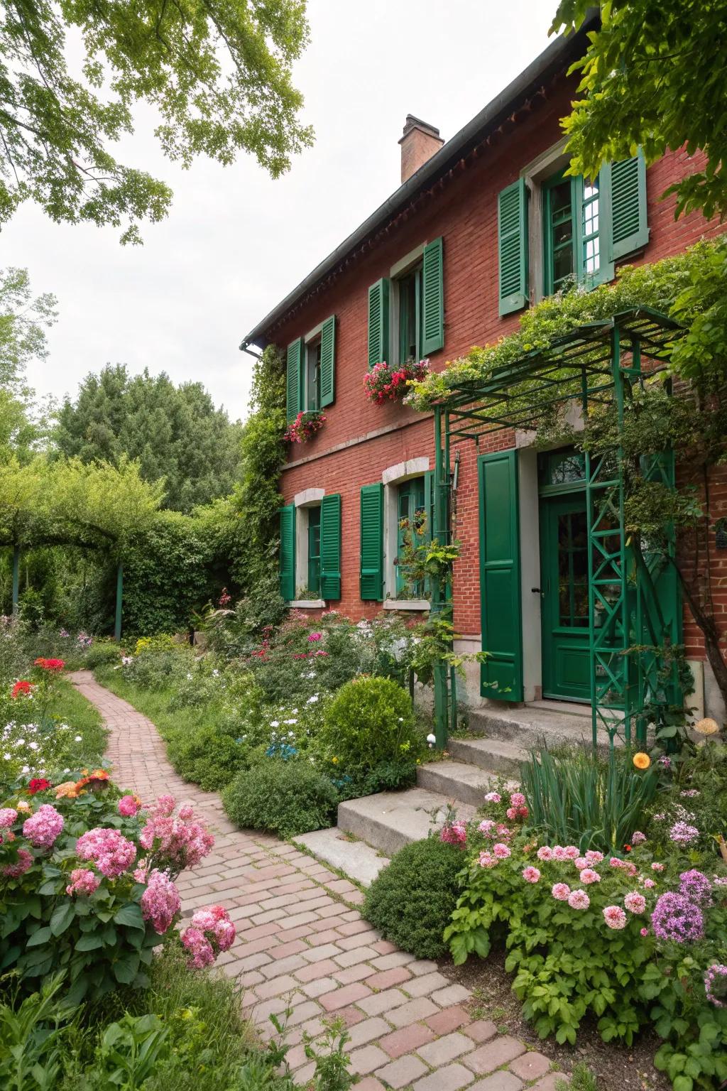 Green shutters add a natural touch to red brick homes.
