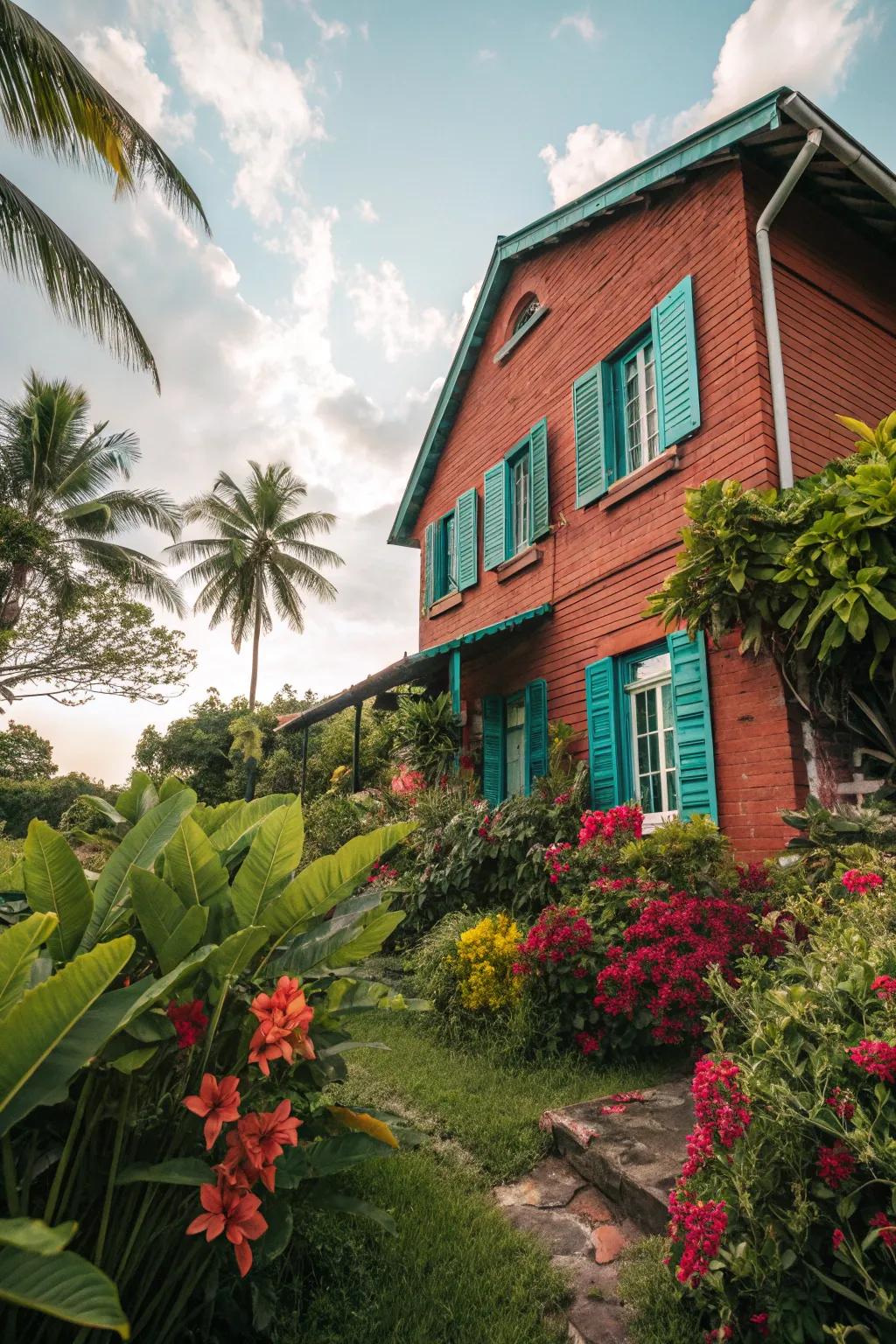 Teal shutters bring a vibrant twist to red brick.