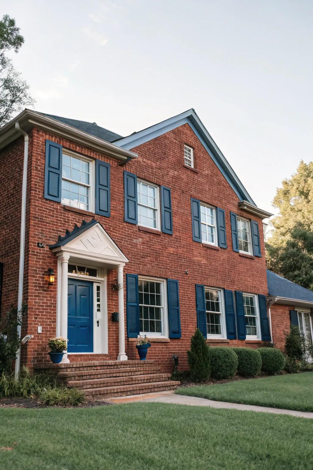 Navy blue shutters add sophistication to red brick homes.