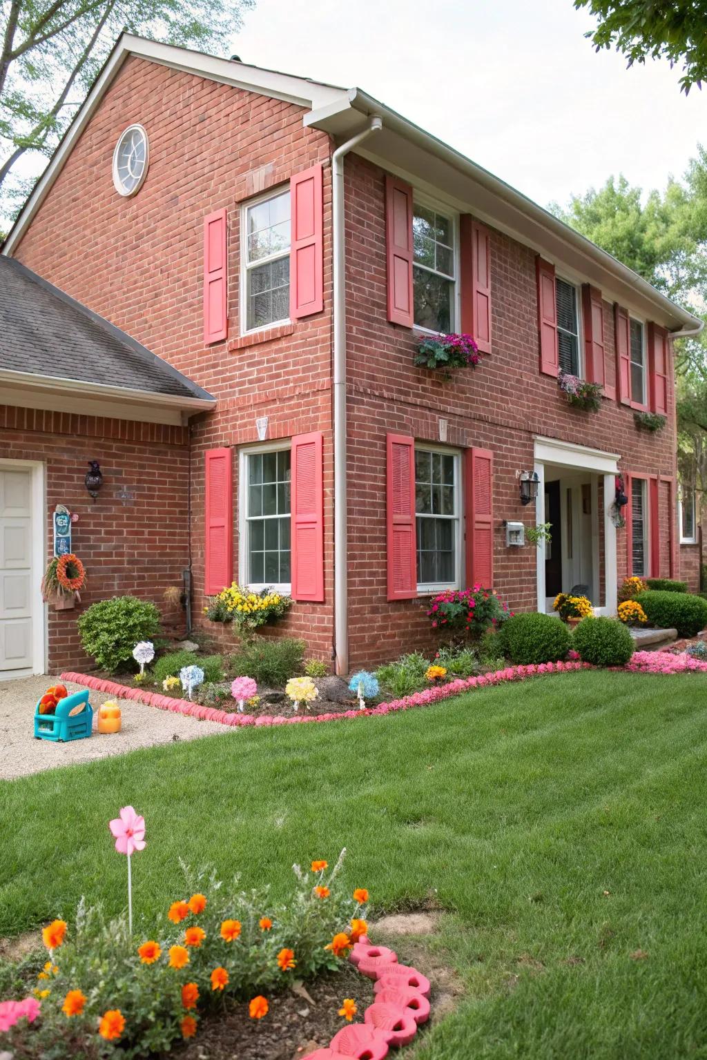 Coral shutters add a playful pop to red brick.