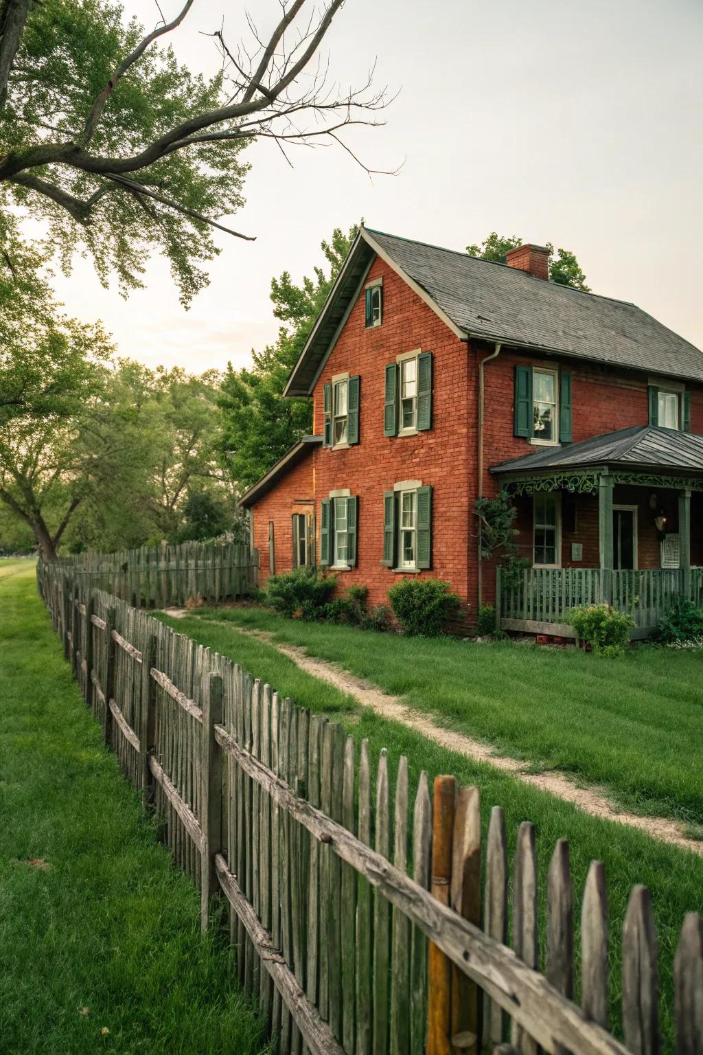 Olive green shutters add rustic charm to red brick.