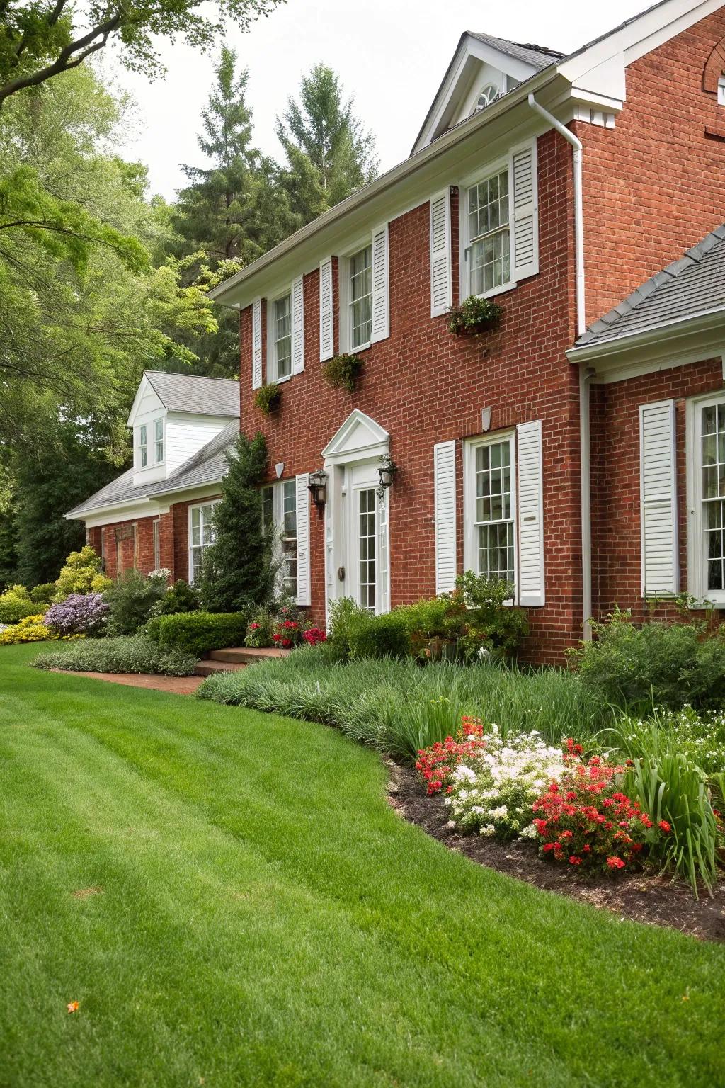 White shutters create a refreshing contrast with red brick.