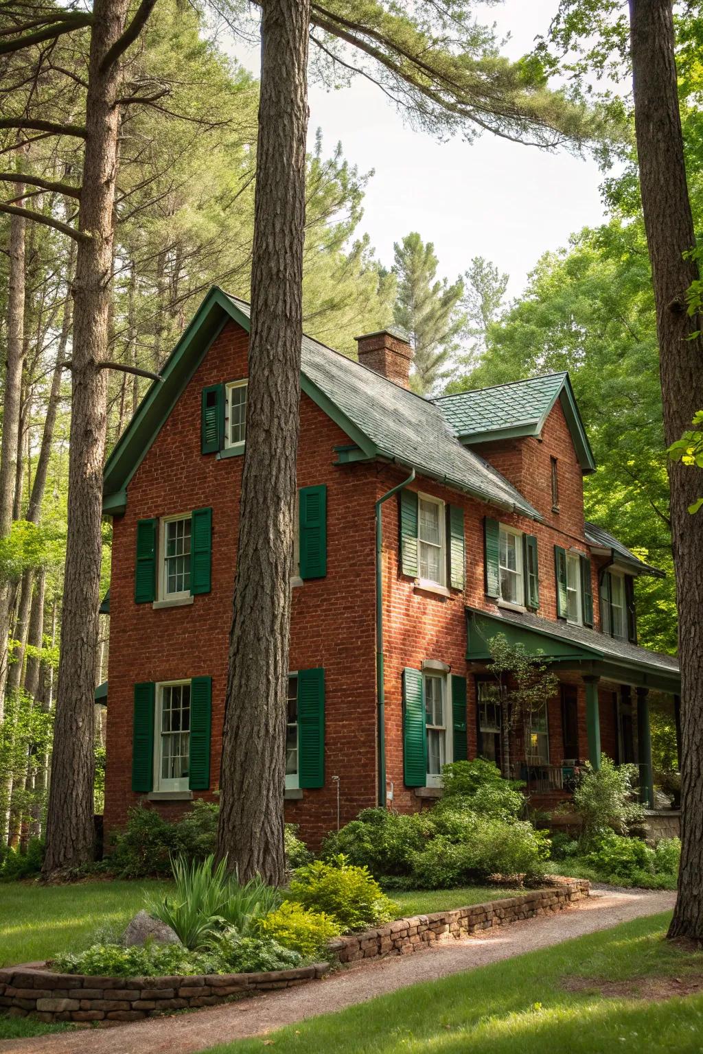 Forest green shutters blend beautifully with nature.
