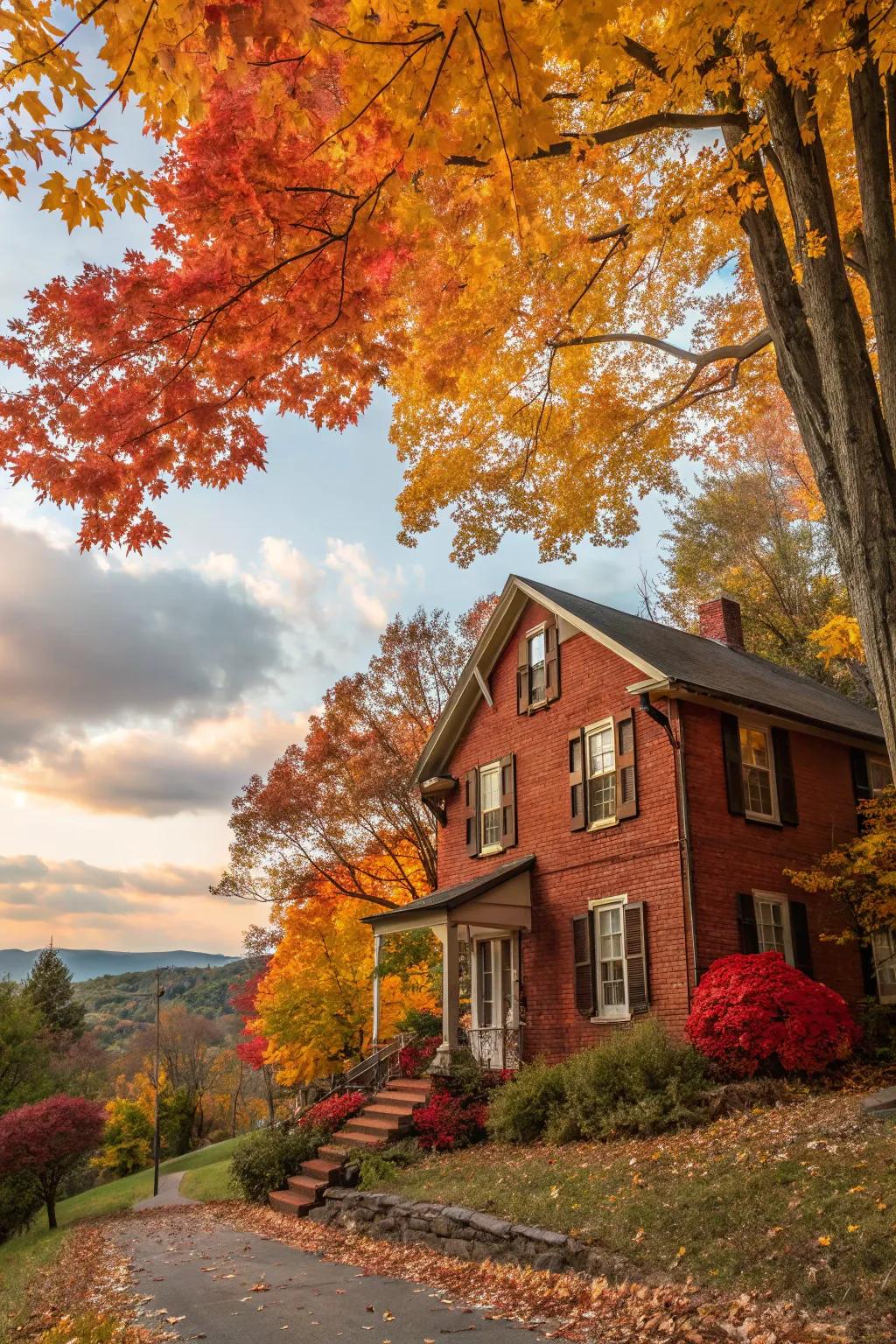 Brown shutters offer a warm, harmonious look with red brick.