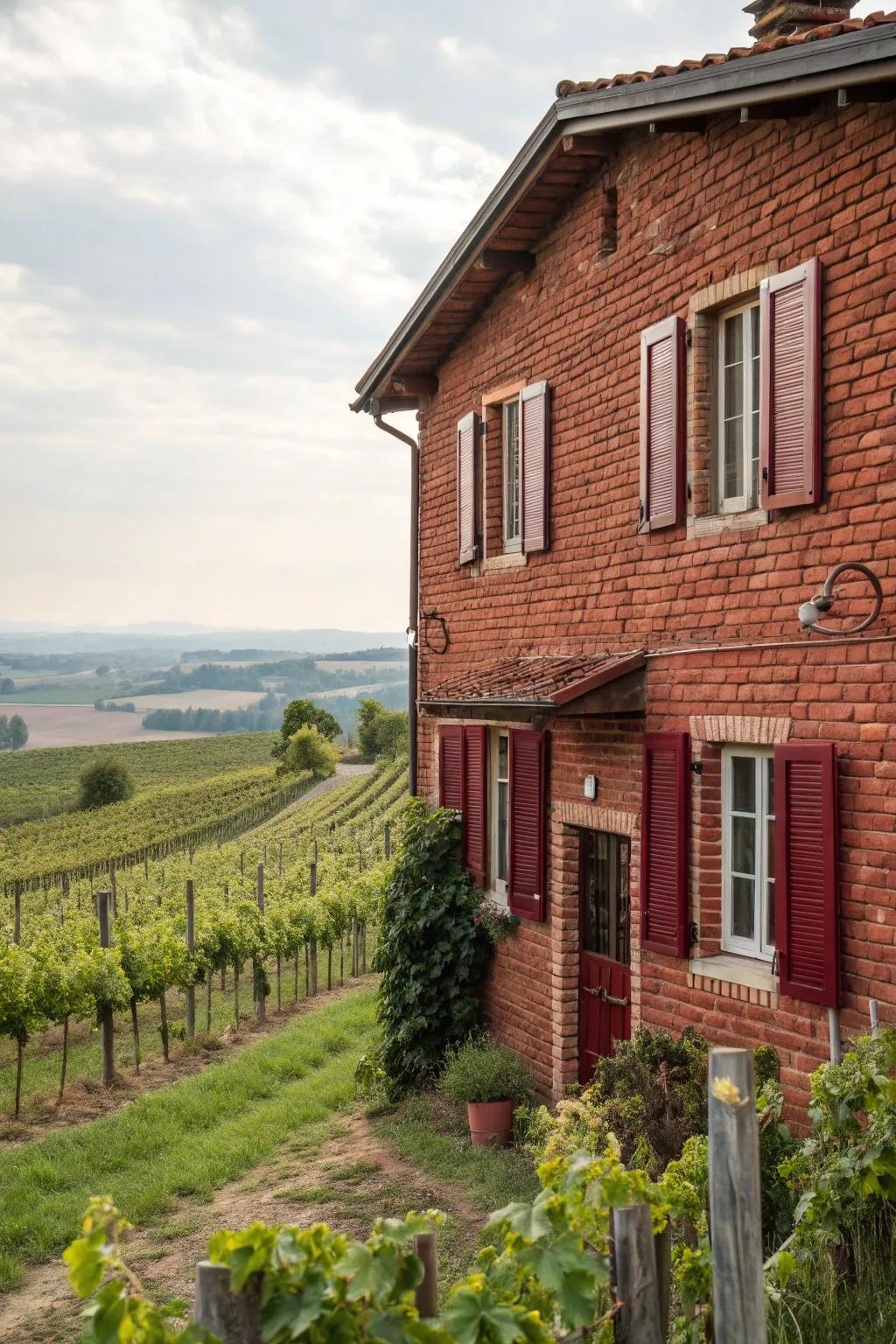 Burgundy shutters enhance the warmth of red brick.