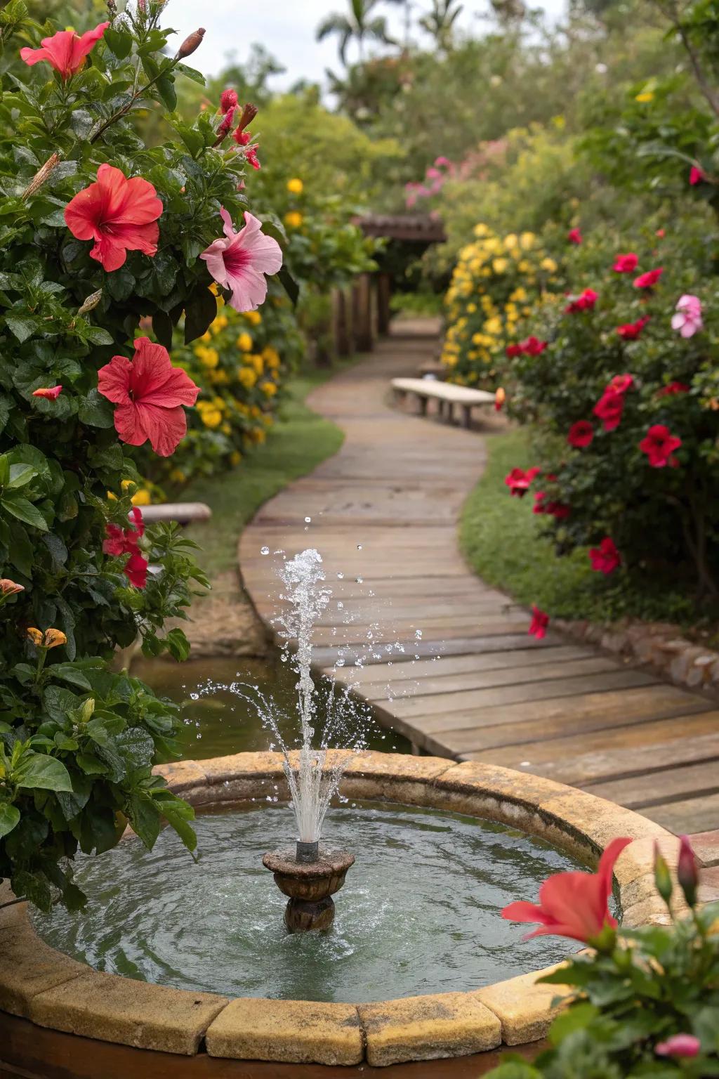 A water feature beautifully framed by vibrant hibiscus blooms.