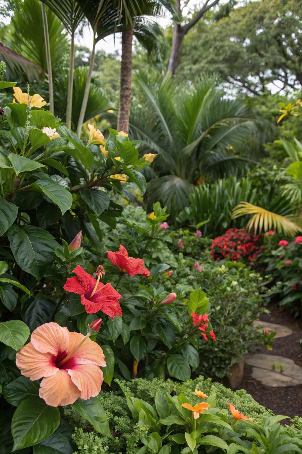 A lush mix of hibiscus and tropical plants creating an exotic garden atmosphere.