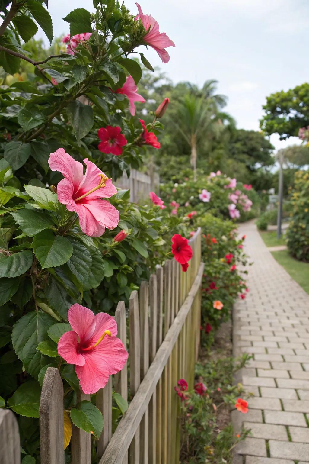 A colorful display of hibiscus lining a garden fence.