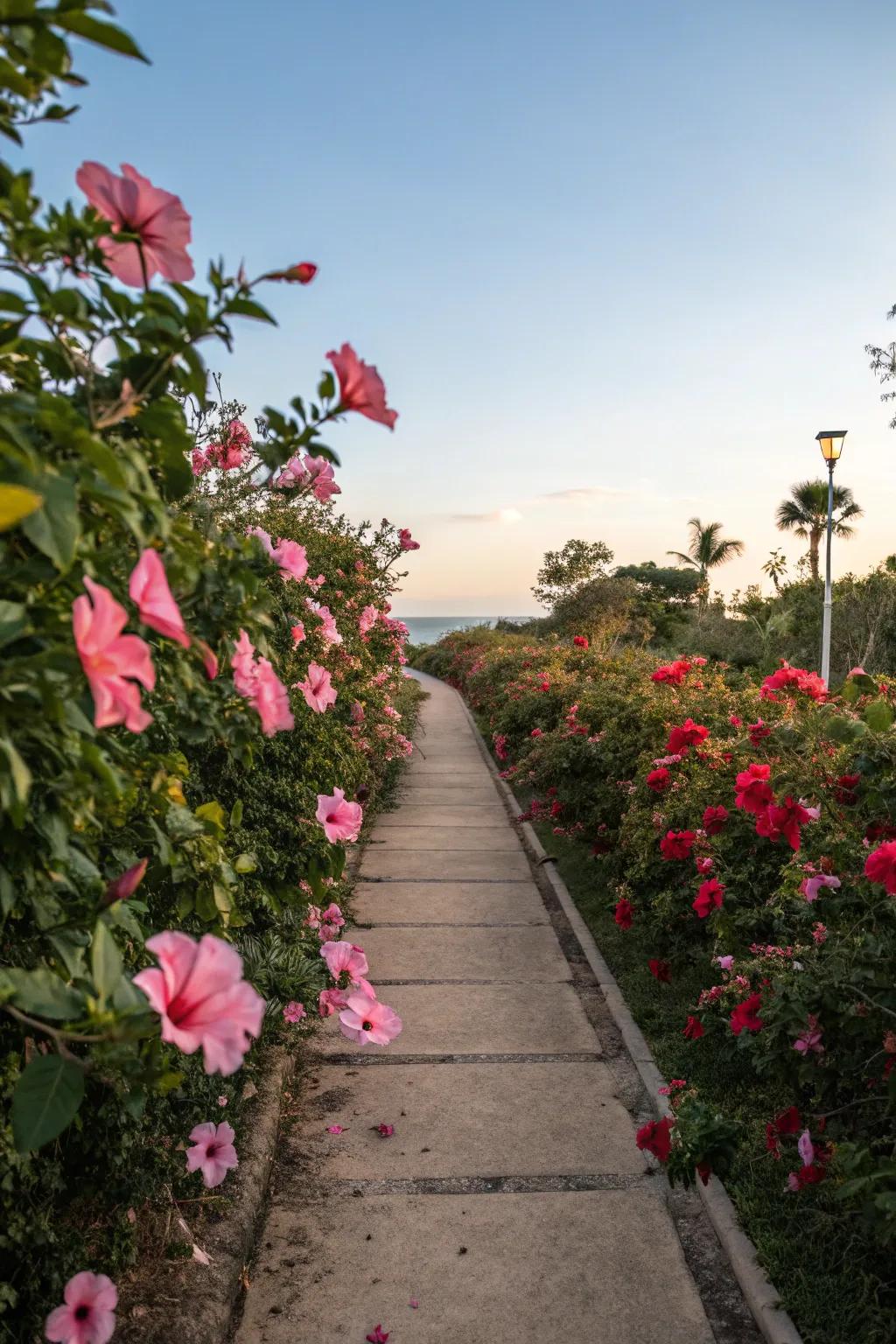 A charming garden path adorned with hibiscus, inviting exploration.