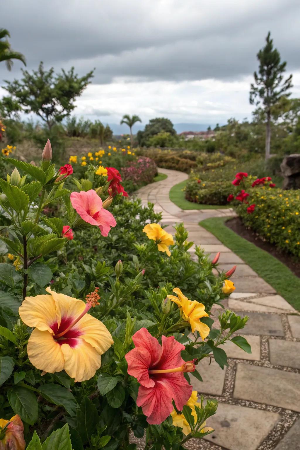 Hibiscus plants bringing vibrant seasonal color to the garden.