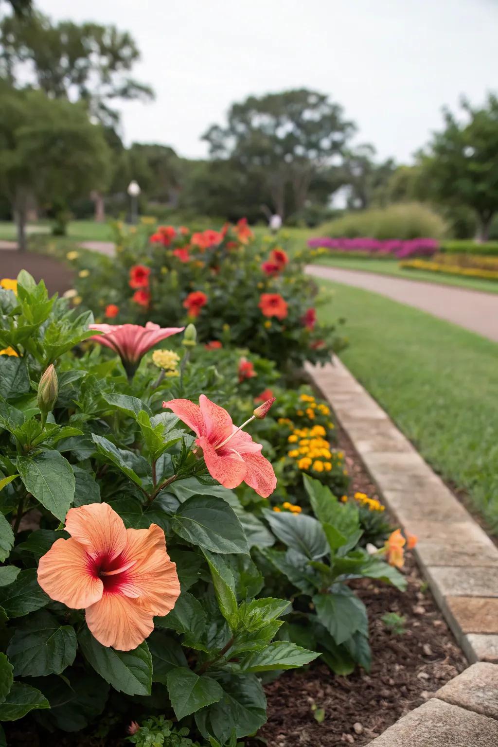 Hibiscus plants serving as the vibrant focal point of a garden bed.