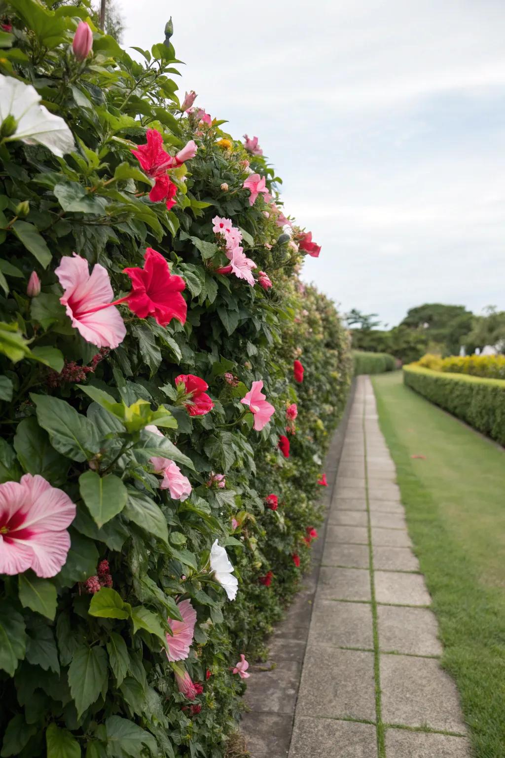 A beautiful hibiscus hedge providing privacy and vibrant blooms.