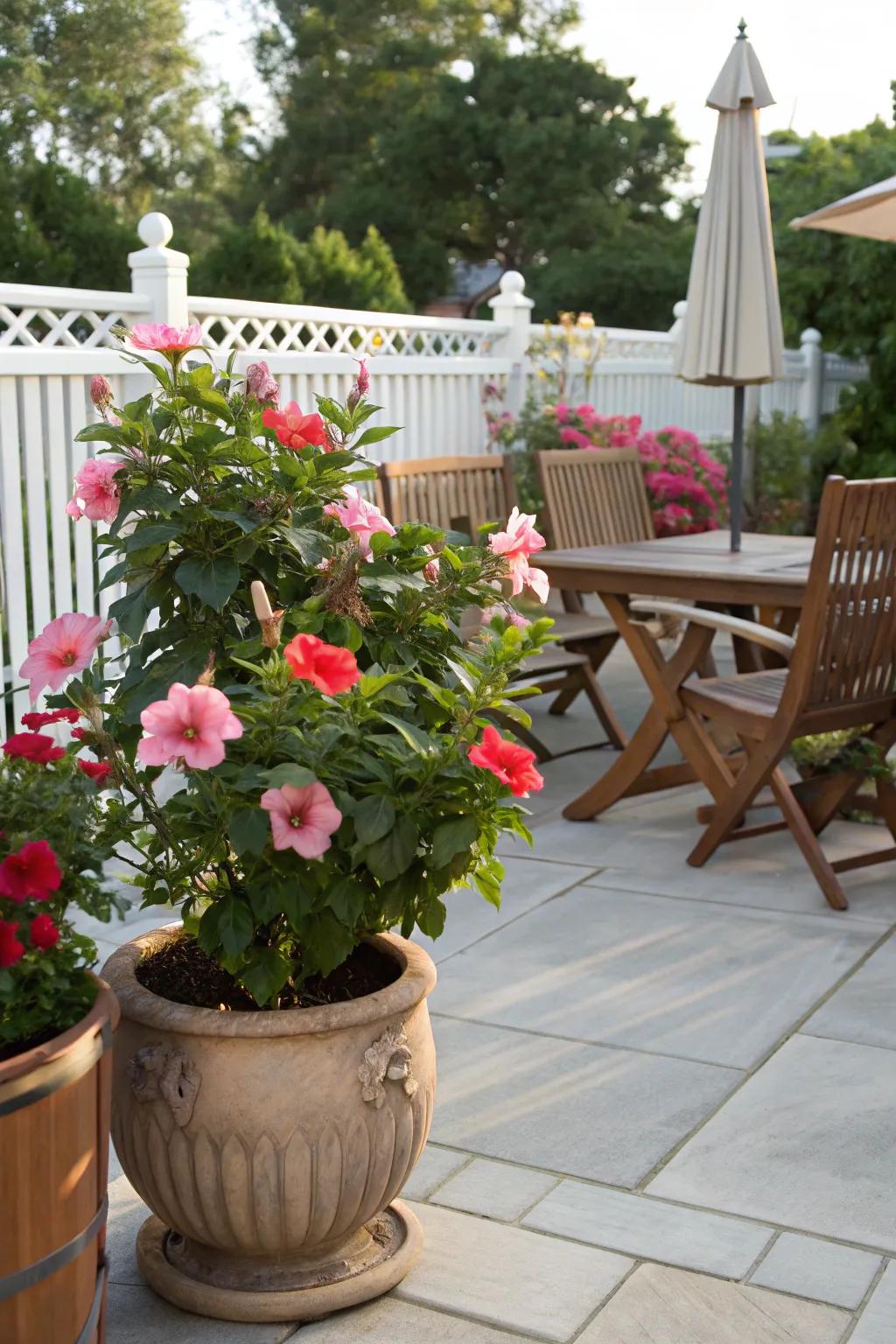 Potted hibiscus plants adding color and life to a cozy patio space.