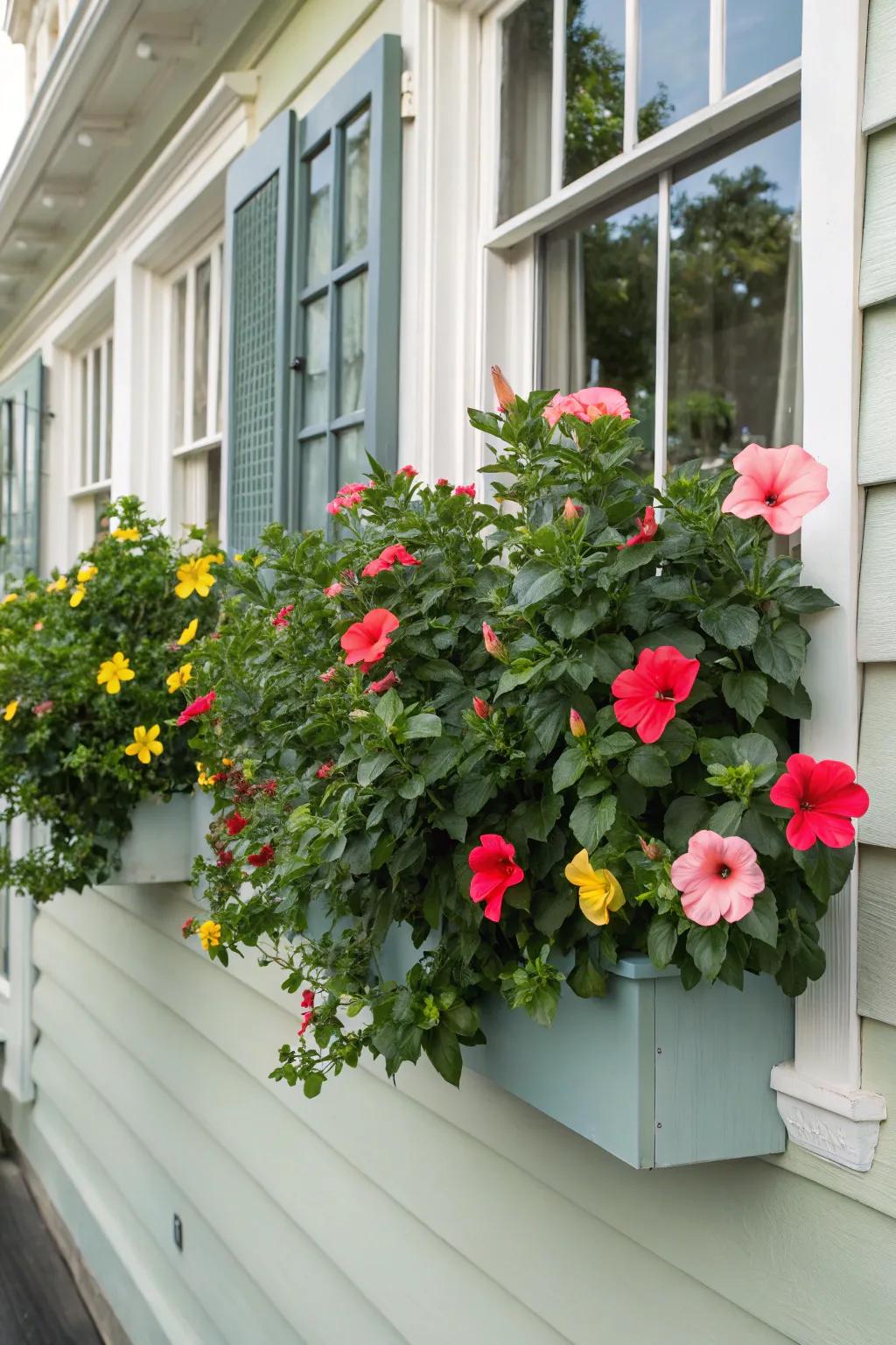 Hibiscus plants adding unexpected charm in window boxes.