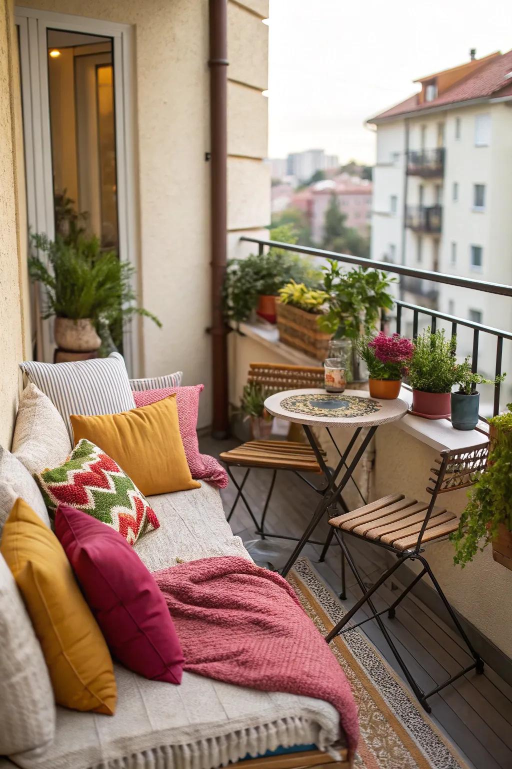 Cushions and throws create a cozy patio nook.