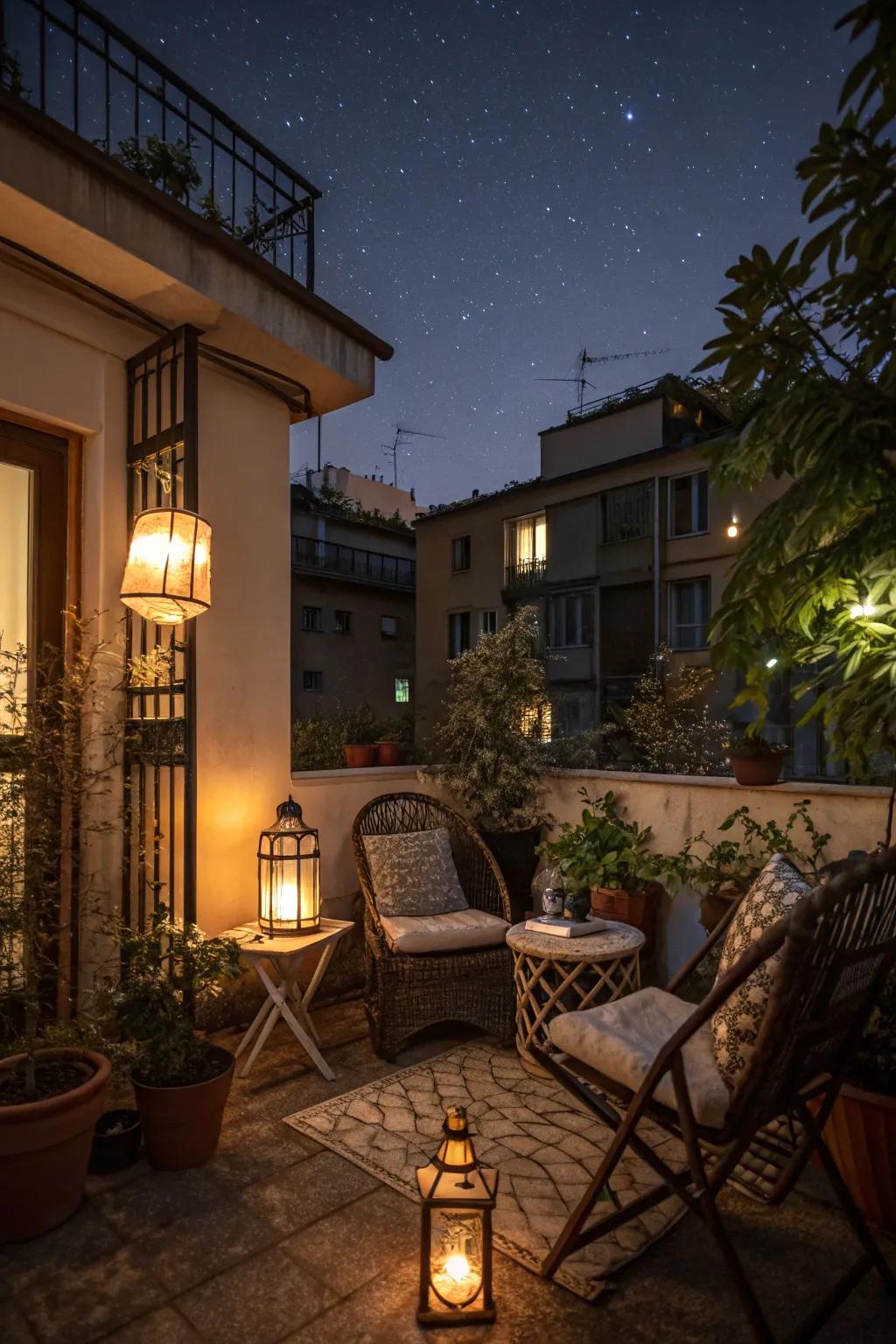 Lanterns offer ambient lighting for cozy evenings.