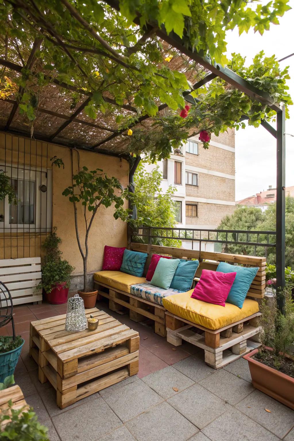 DIY pallet seating adds a rustic touch to your patio.