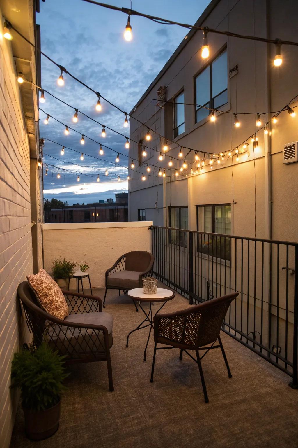 String lights add warmth and charm to a small patio.
