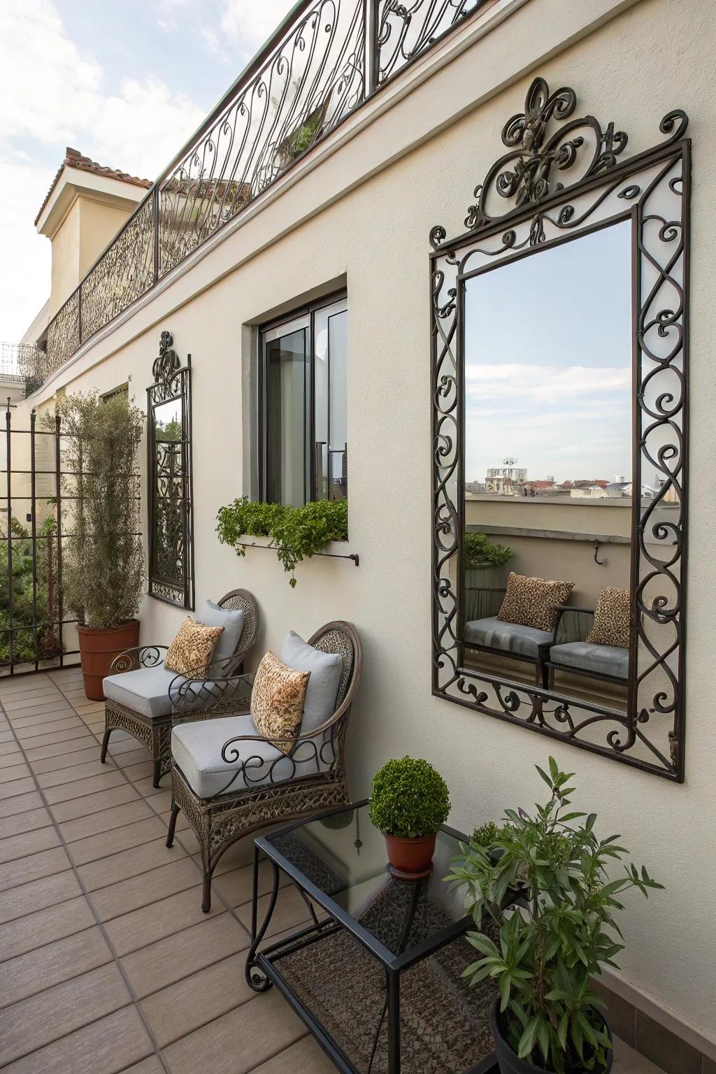 Mirrors expand the sense of space on small patios.
