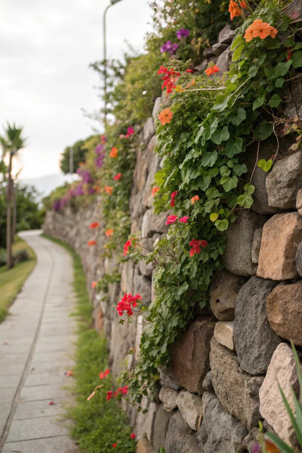 Rip rap rocks make for a bold and natural accent wall in outdoor spaces.