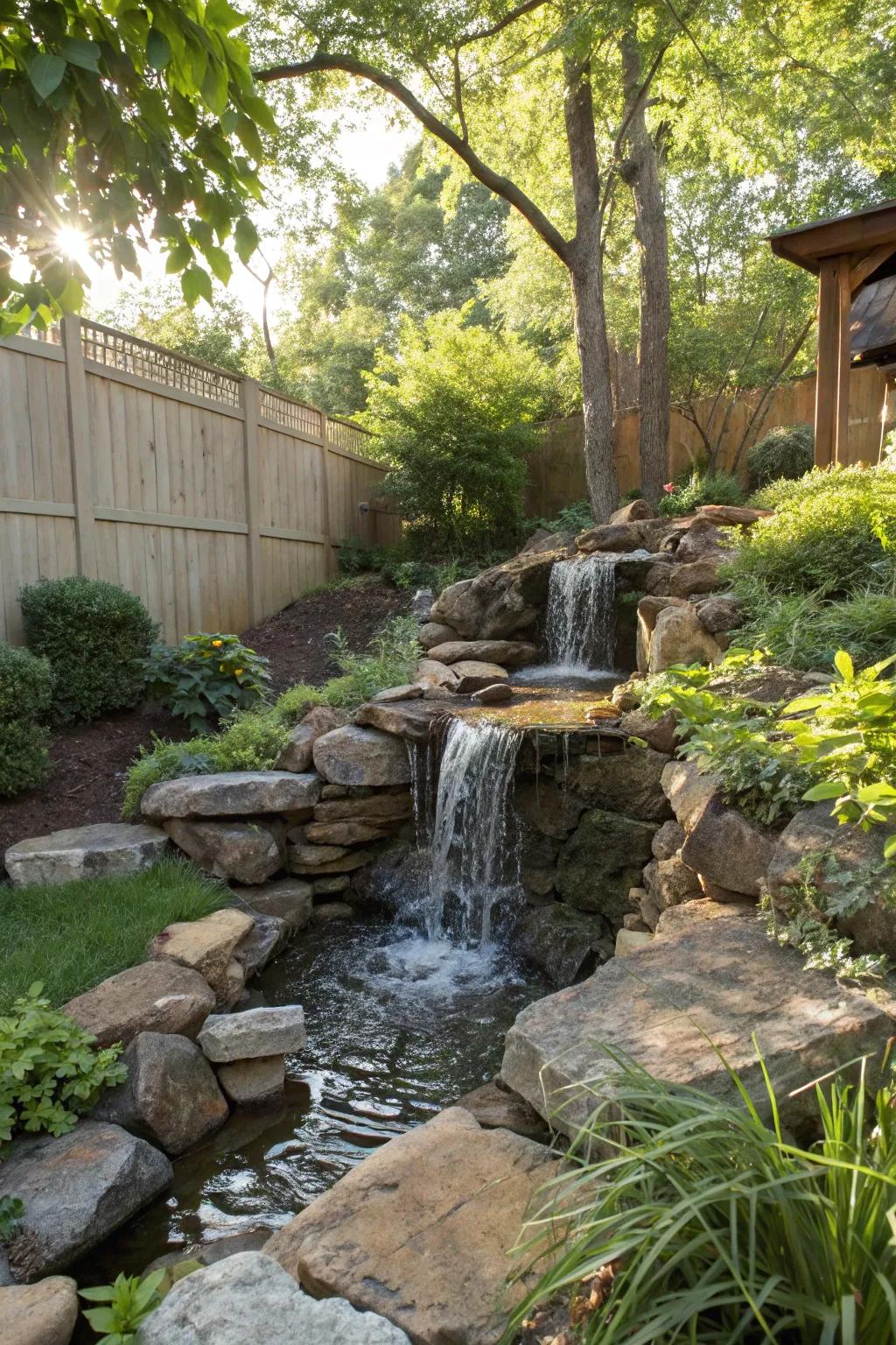 A tranquil waterfall made from rip rap rocks brings serenity to any garden.