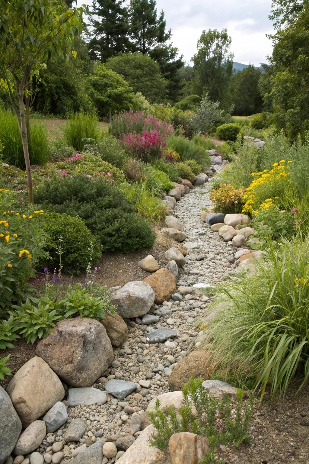 A dry riverbed of rip rap rocks brings dynamic movement to landscape designs.