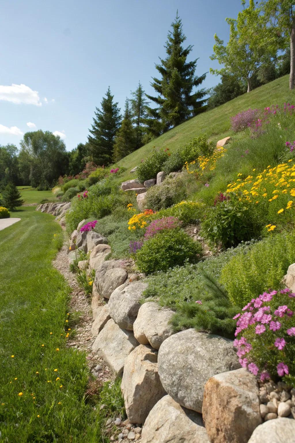 Rip rap rocks are perfect for keeping garden slopes secure and picturesque.