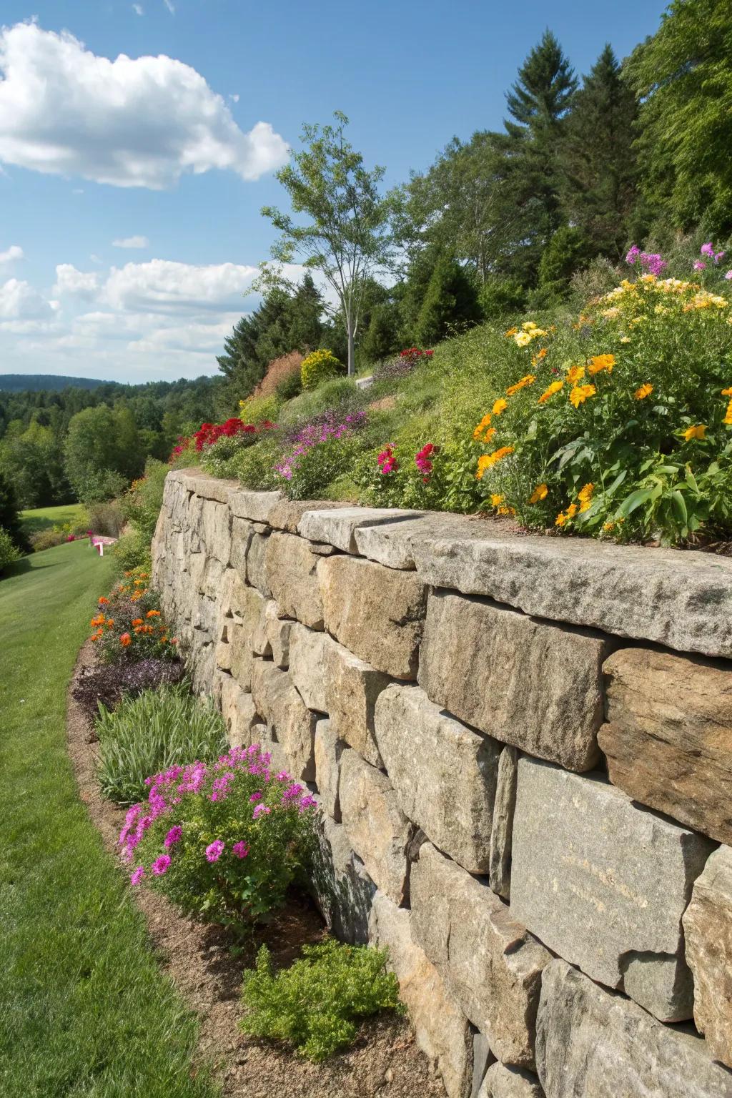 Retaining walls made of rip rap rocks are both functional and beautiful.