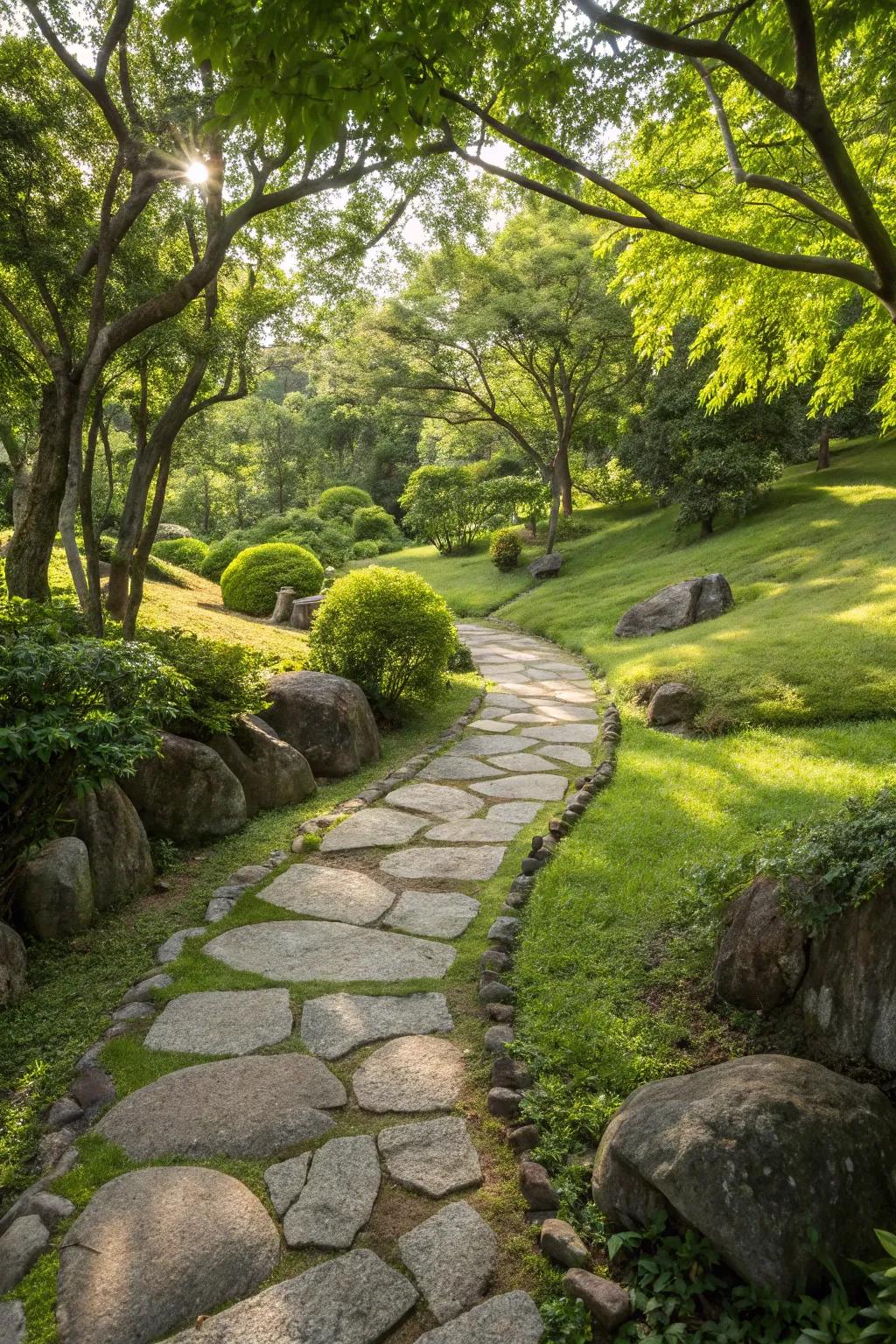 Rip rap rocks add structure and charm to garden pathways.