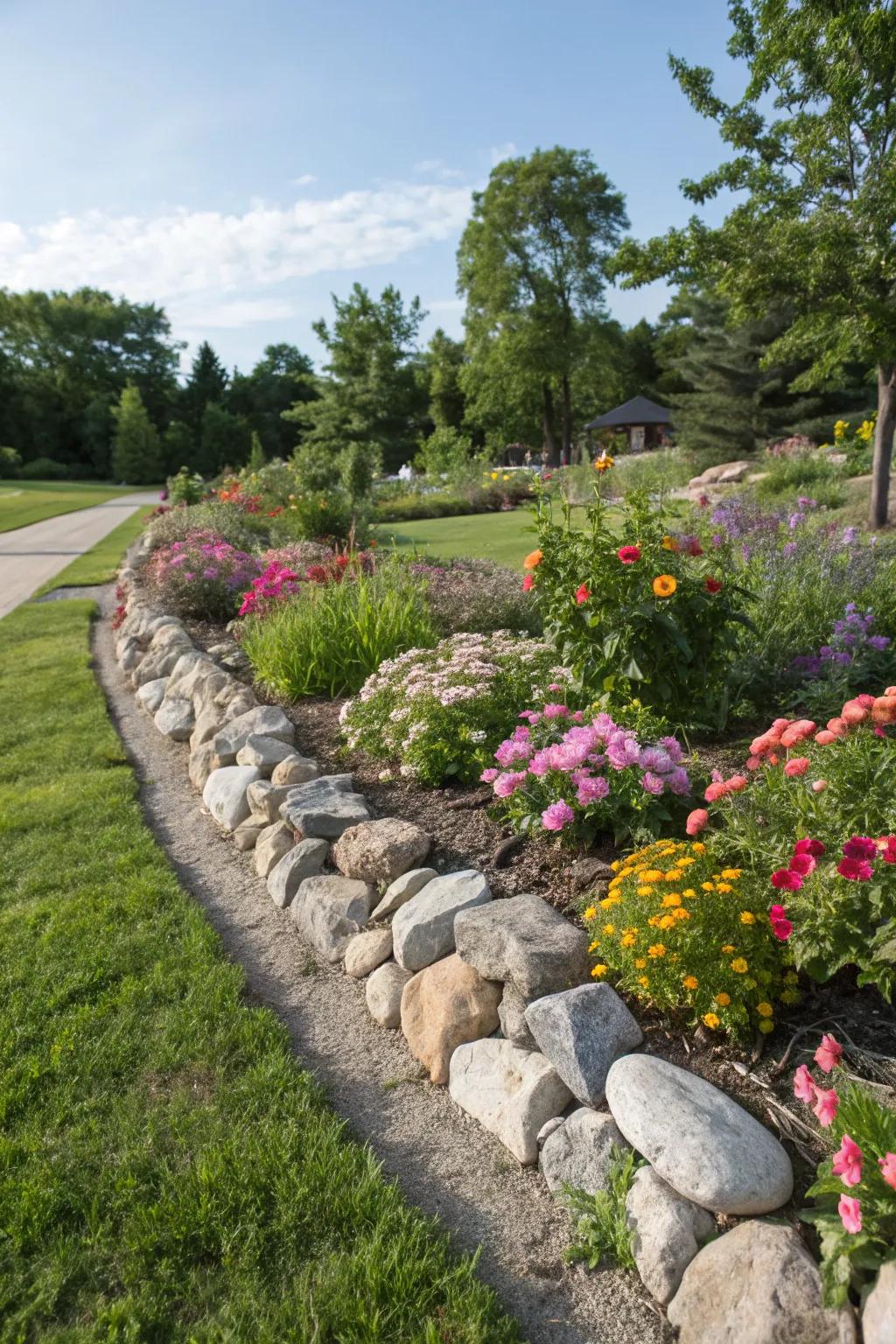 Rip rap rocks craft beautiful, natural boundaries for garden beds.