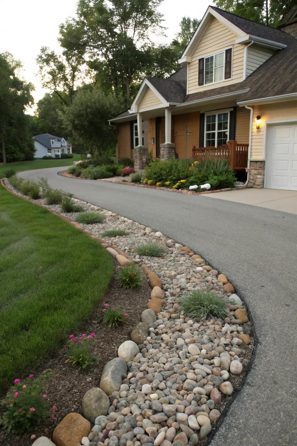 Rip rap rocks provide a neat and natural edge to driveways.