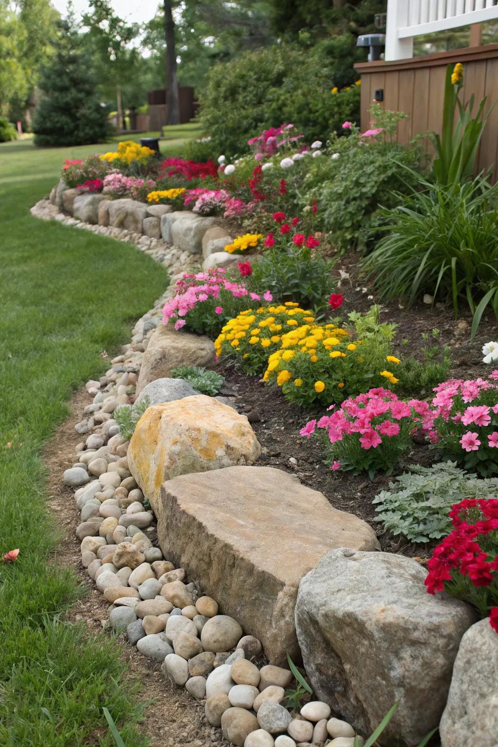 Rip rap rocks create striking borders that highlight garden plants beautifully.