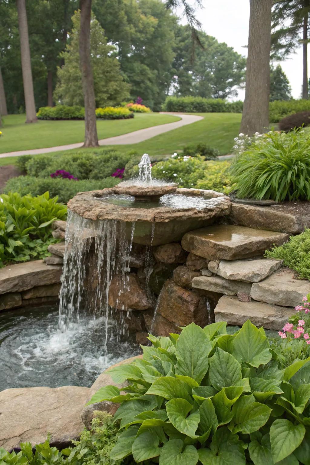 Rip rap rocks add an organic touch to garden fountains.
