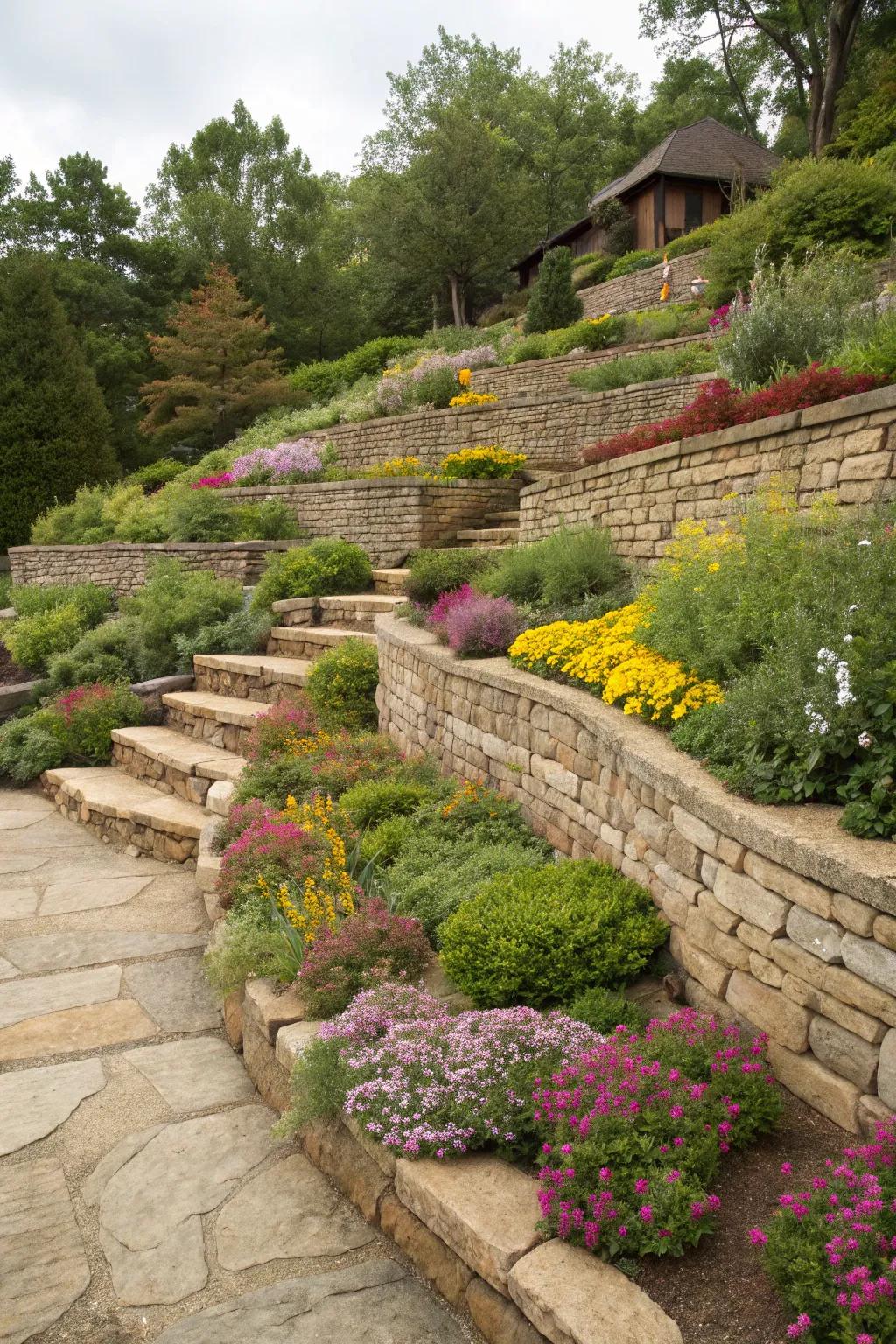 Terracing with rip rap rocks creates beautiful and functional garden levels.