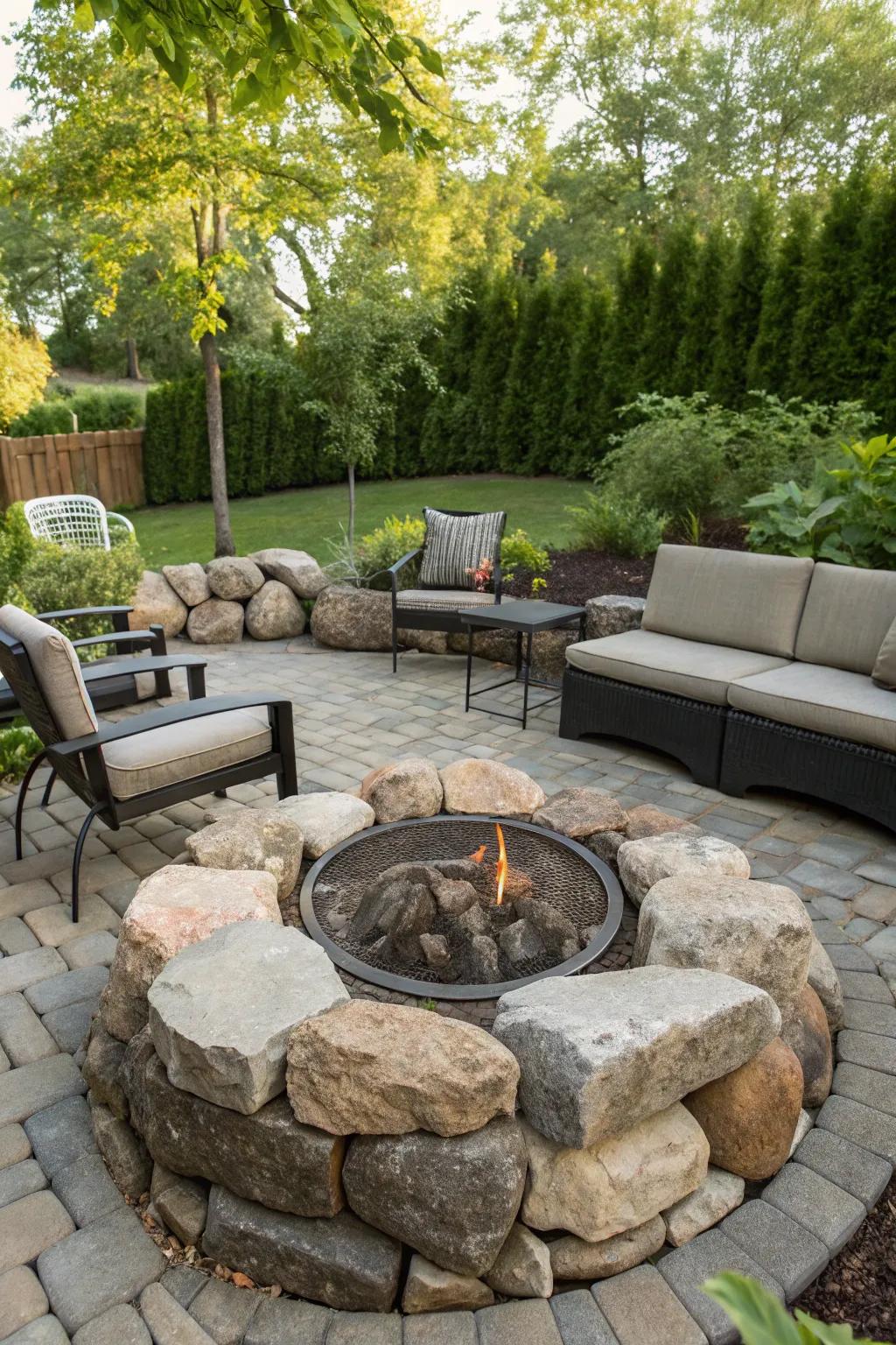 A rip rap rock BBQ pit is both a conversation starter and a practical feature.