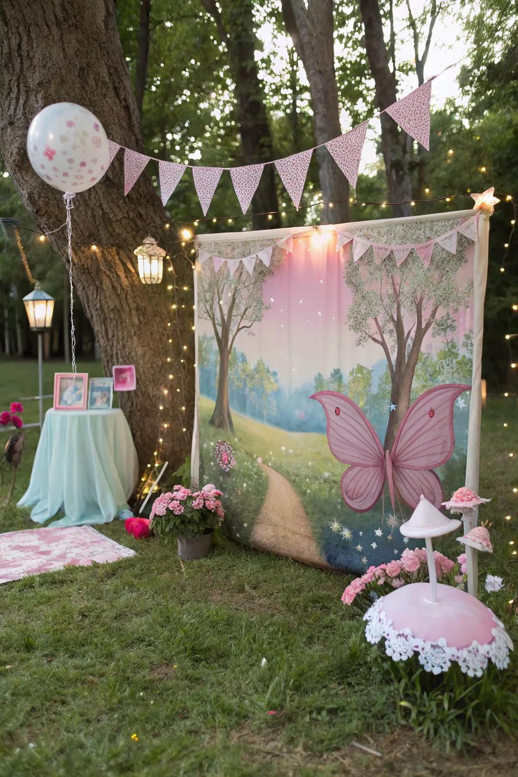A photo booth captures the magic of your fairy picnic.