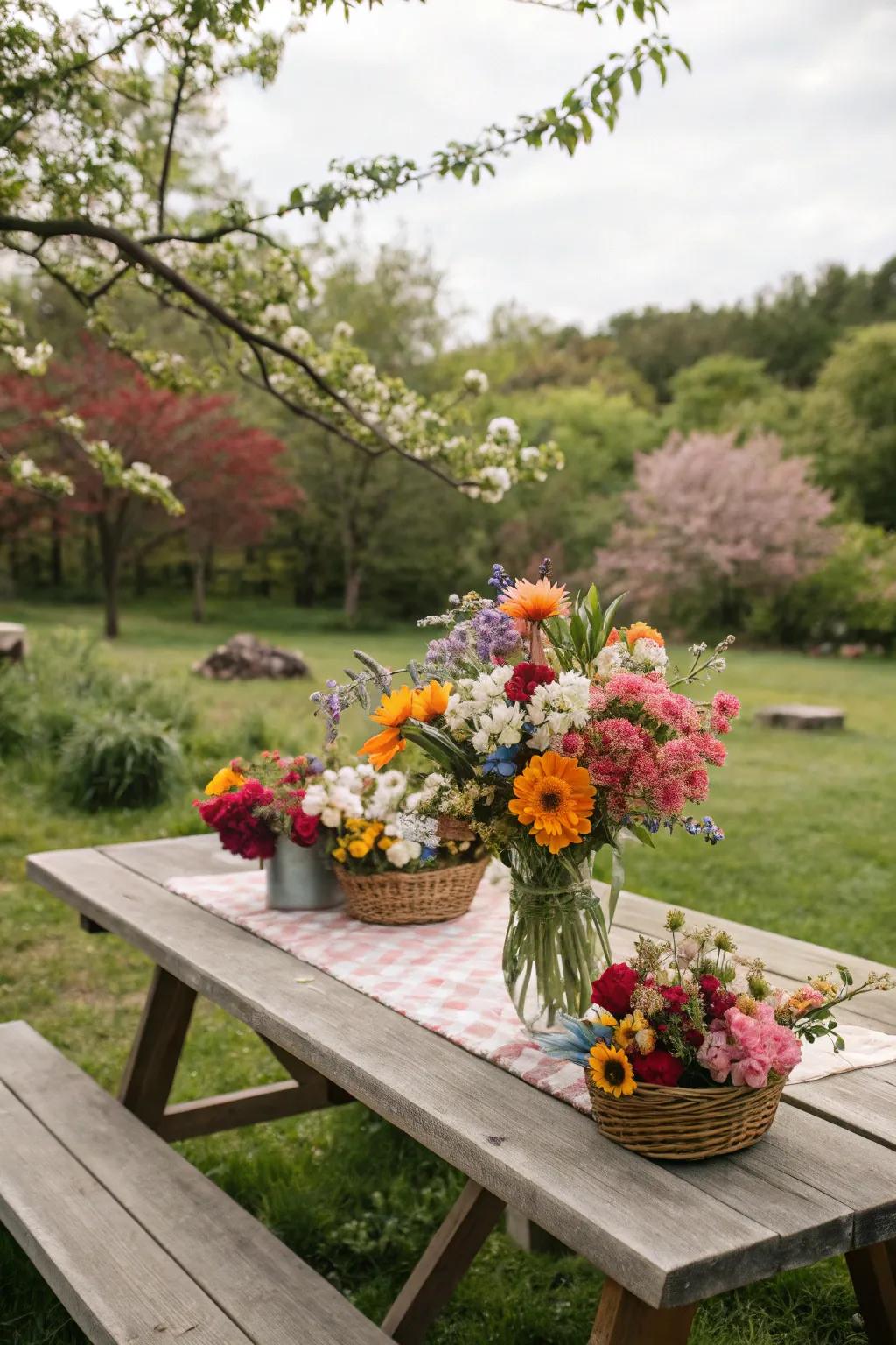 Flowers add color and whimsy to your picnic setup.