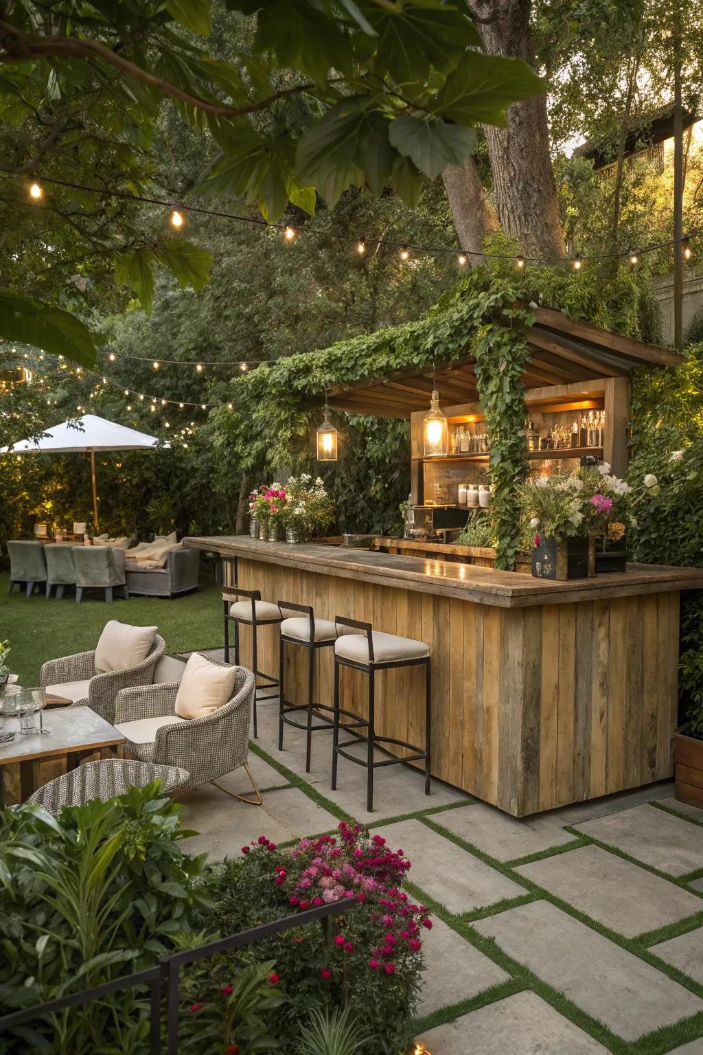 A rustic wooden bar top sets a warm, inviting tone in any backyard setting.