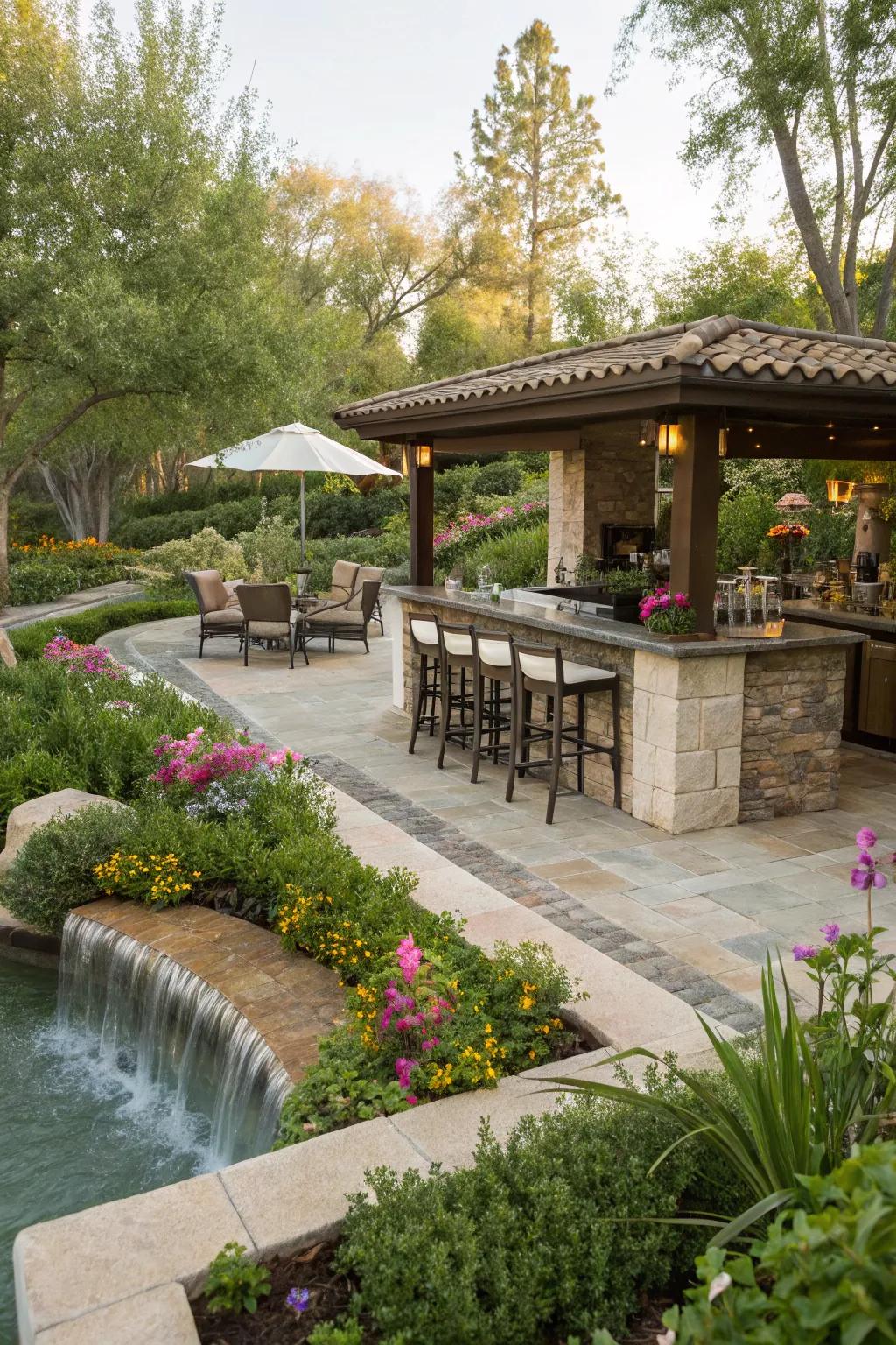Natural elements like plants and water features enhance the serenity of your outdoor bar.