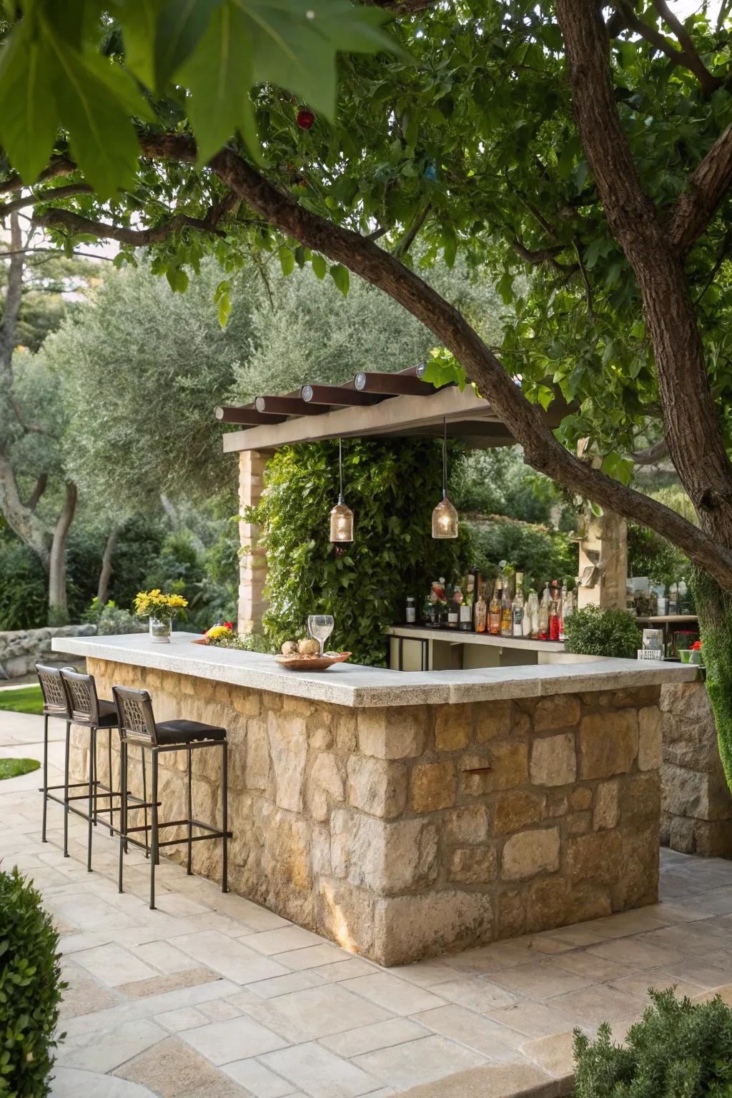 Stone surfaces provide a durable and elegant option for outdoor bar tops.