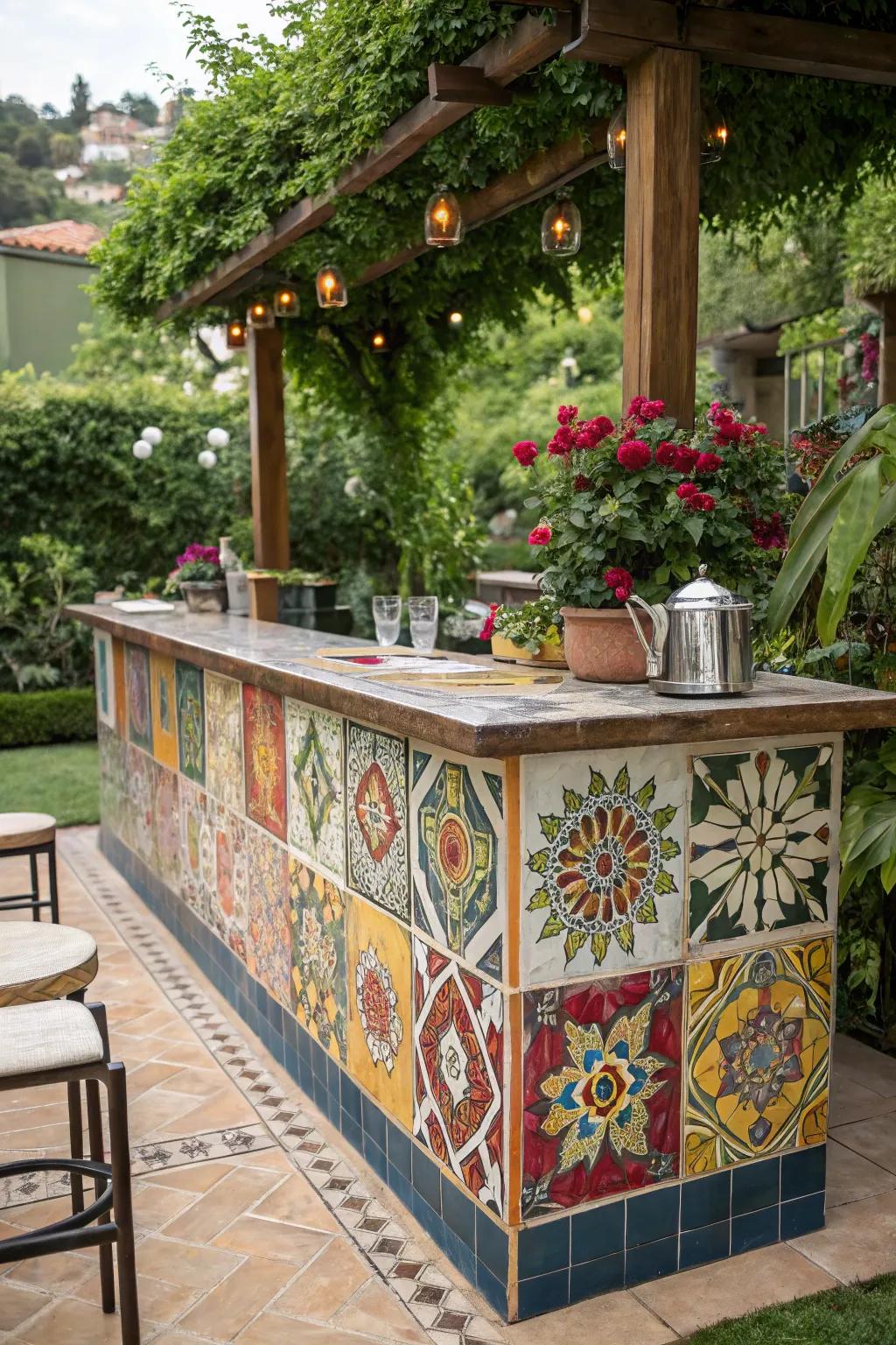 Tiled surfaces bring vibrant color and personality to outdoor bar tops.
