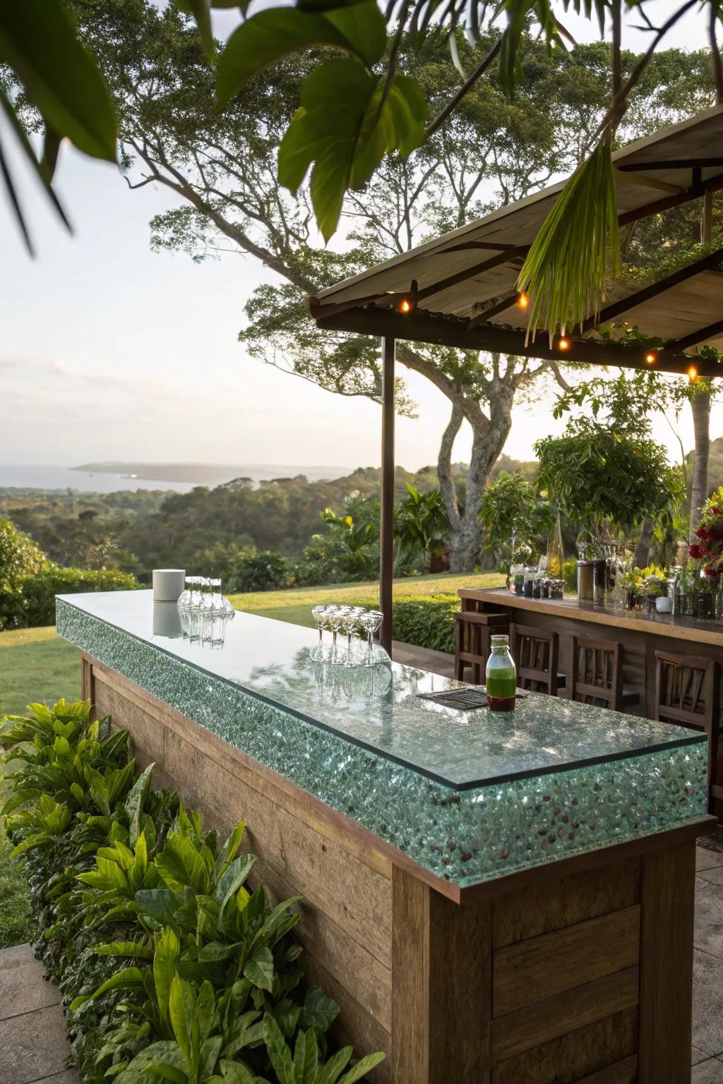 Recycled glass countertops offer an eco-friendly and stunning choice for your bar.