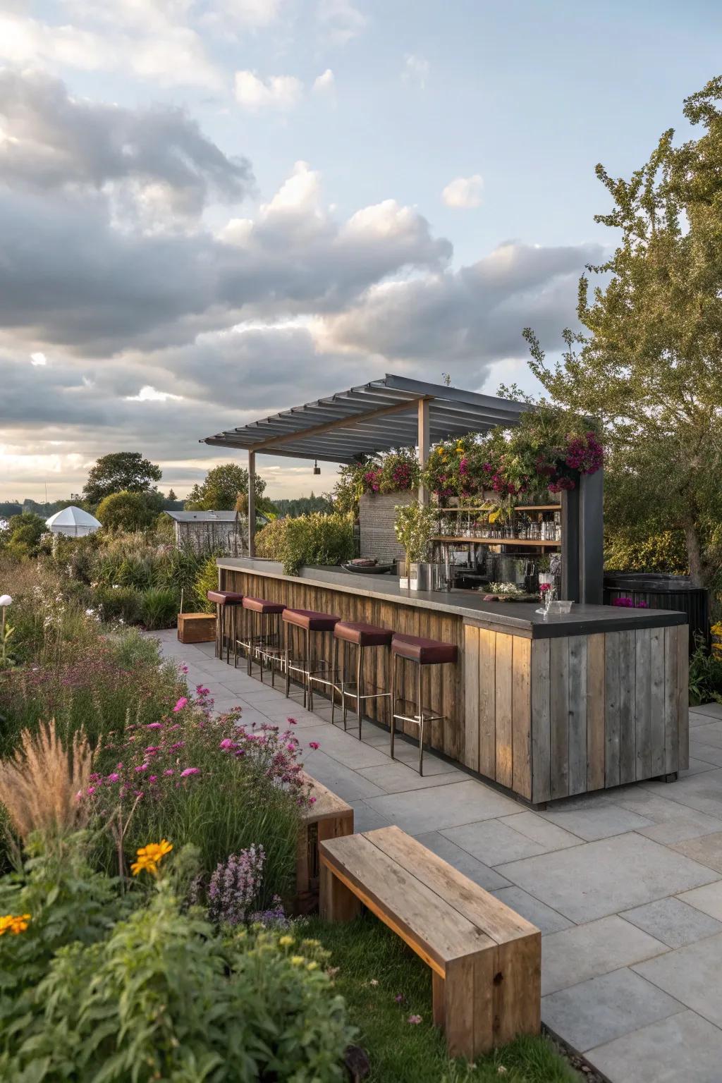 Mixing modern and vintage elements creates a unique and personalized outdoor bar.