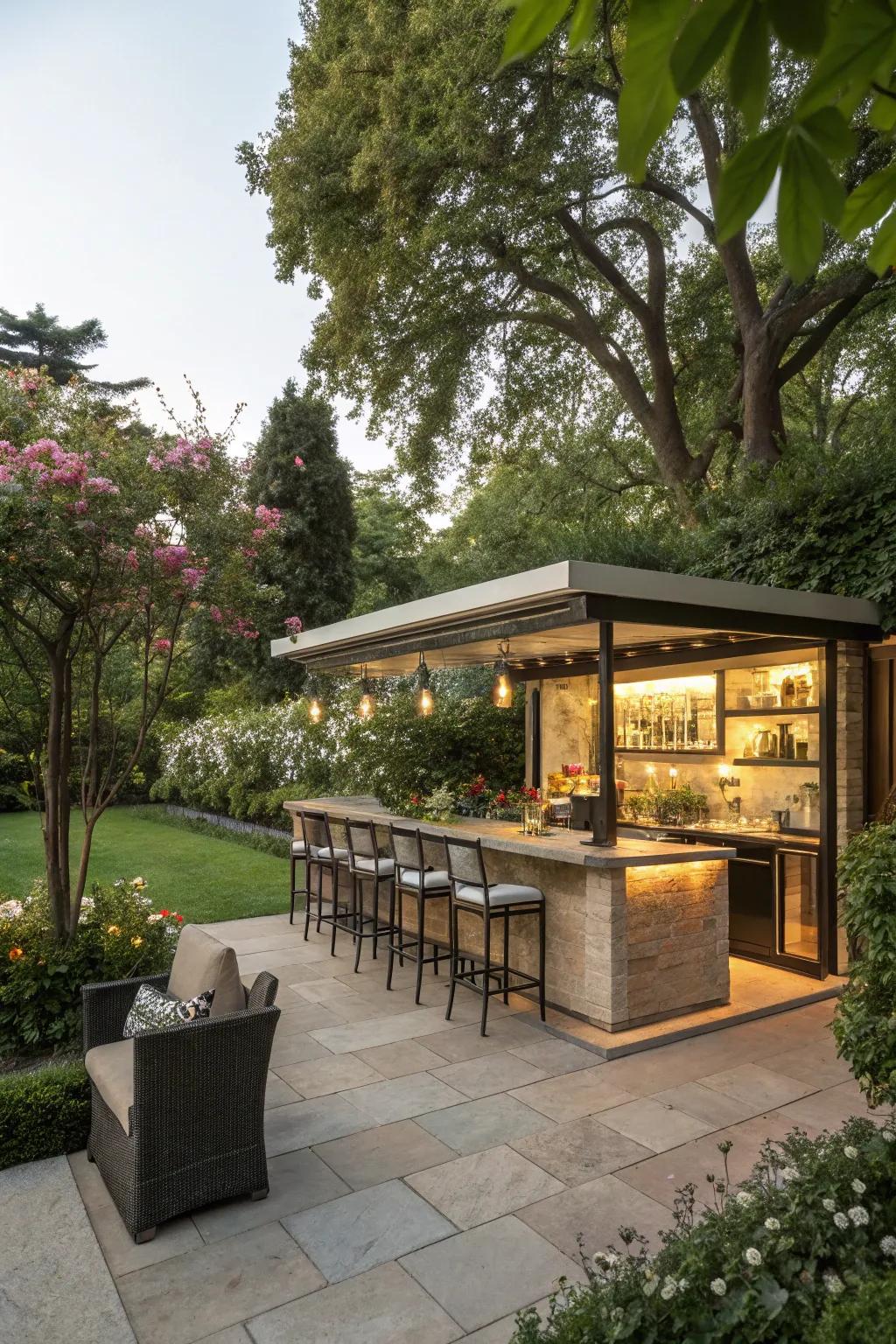 Functional features like lighting and storage enhance the utility of outdoor bars.
