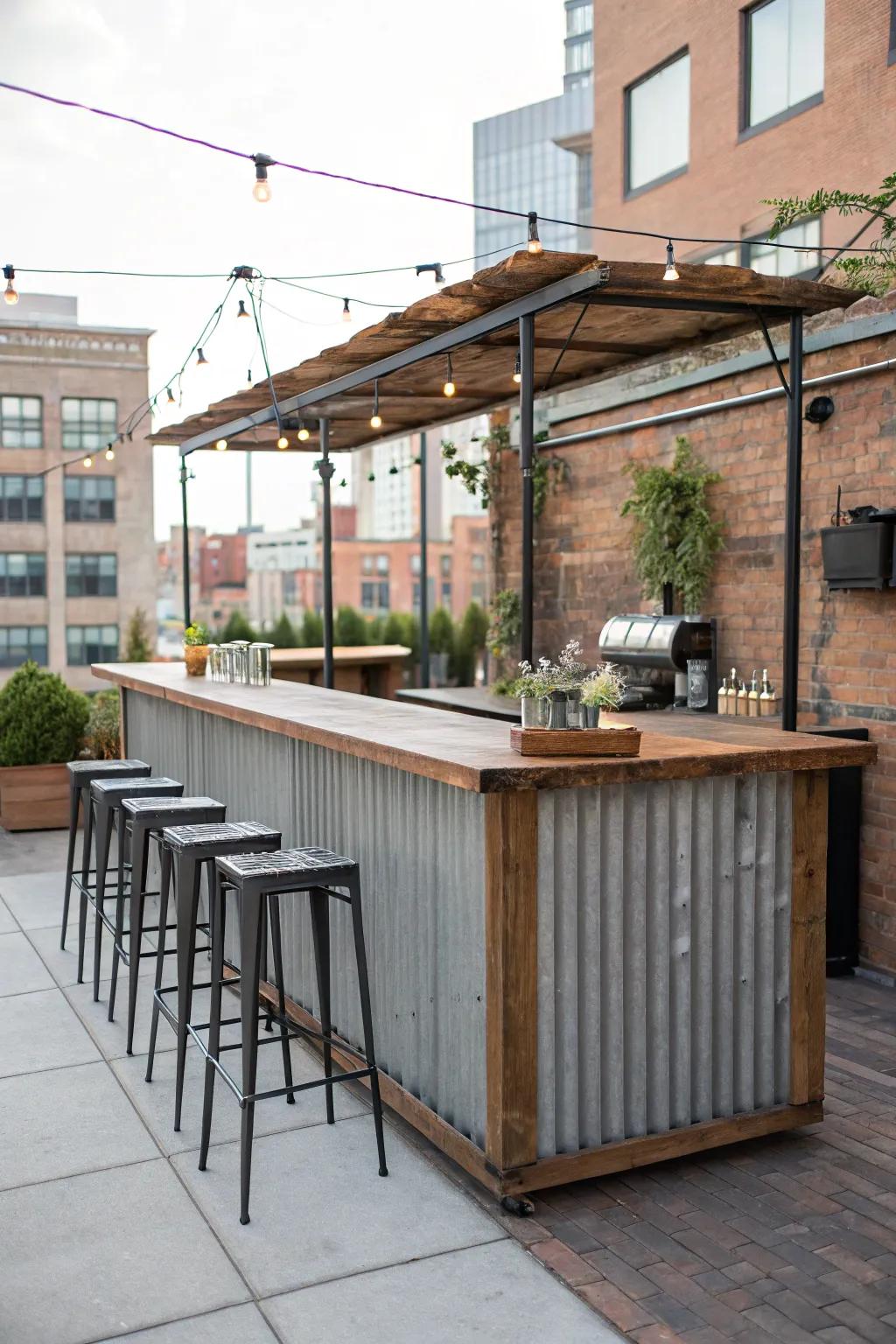 Reclaimed materials add an edgy, industrial touch to outdoor bars.